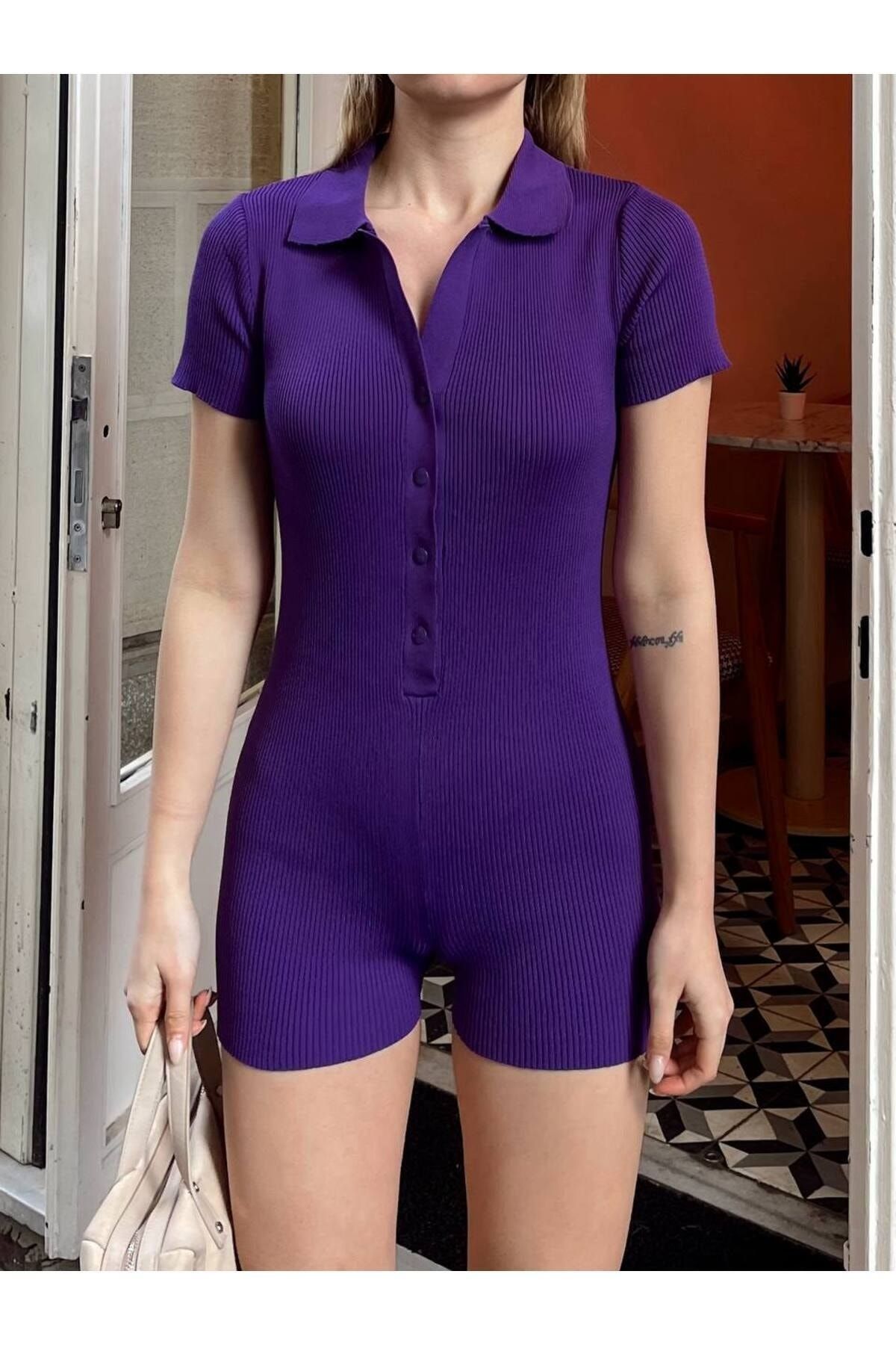 ELBEY POLO NECK SHORT SLEEVE BUTTON SHORTS JUMPSUIT