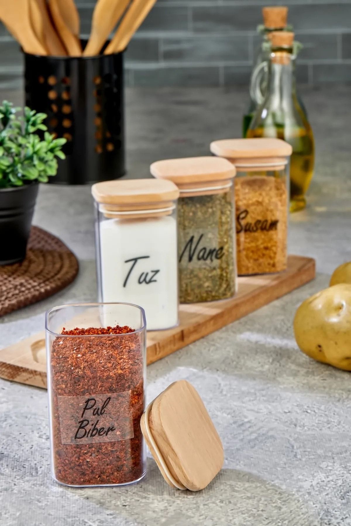 FBZhome-Set de 4 suporturi din lemn - Suport pentru condimente acrilic 250 ml de depozitare în vid 3