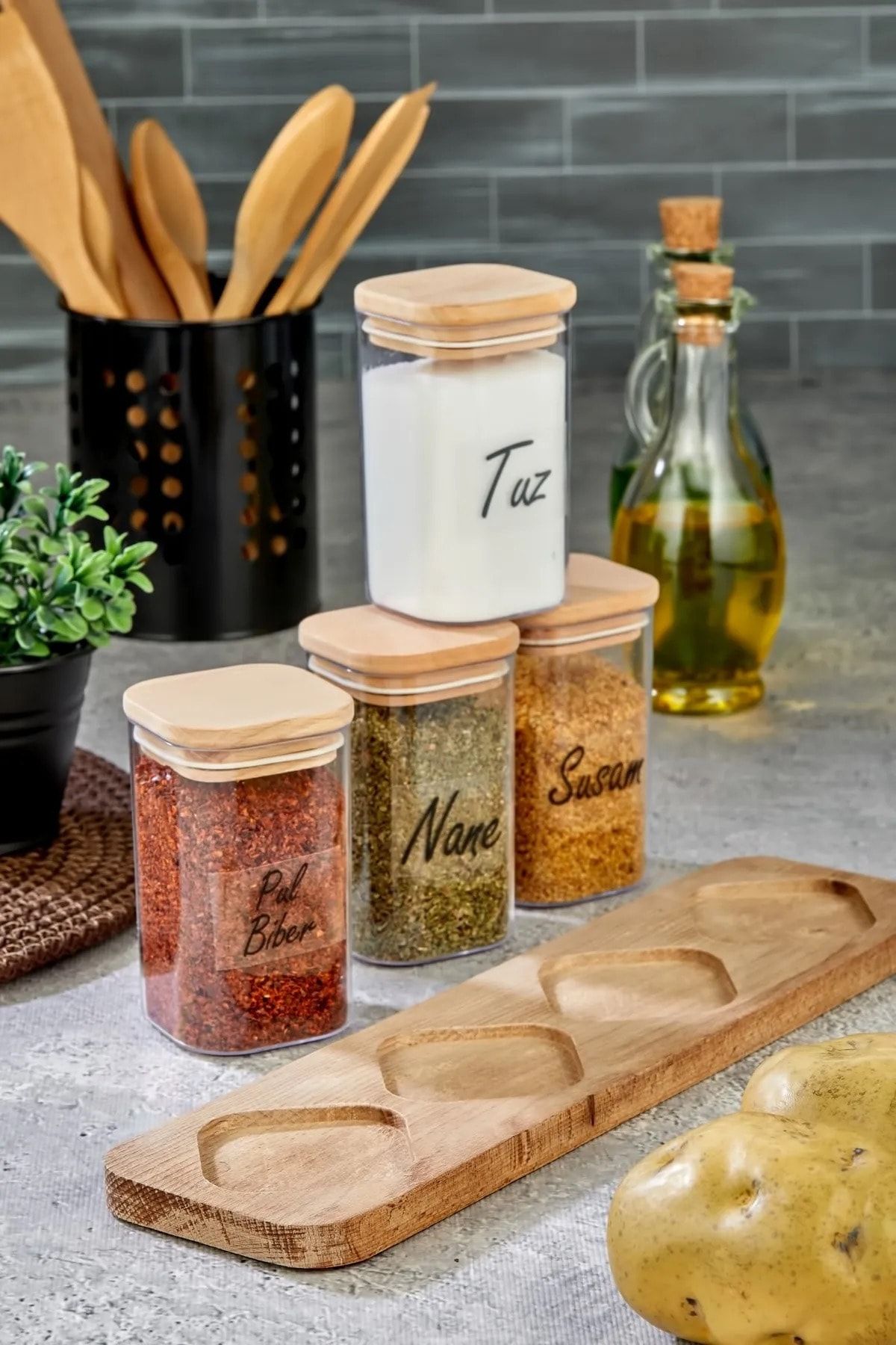 FBZhome-Set de 4 suporturi din lemn - Suport pentru condimente acrilic 250 ml de depozitare în vid 4