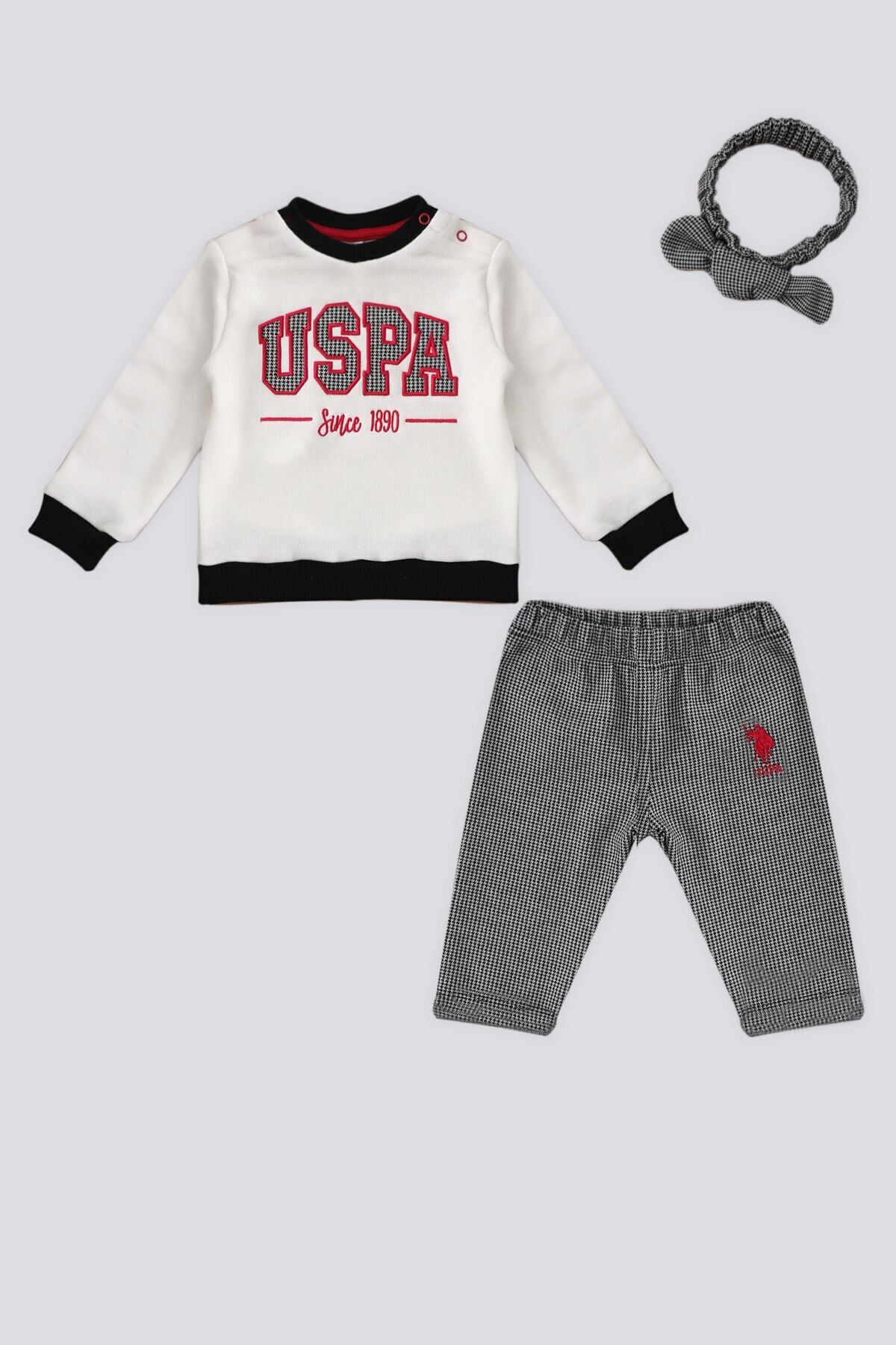 U.S. Polo Assn Krem Nakışlı Saç Bantlı Bebek 3Lü Takım