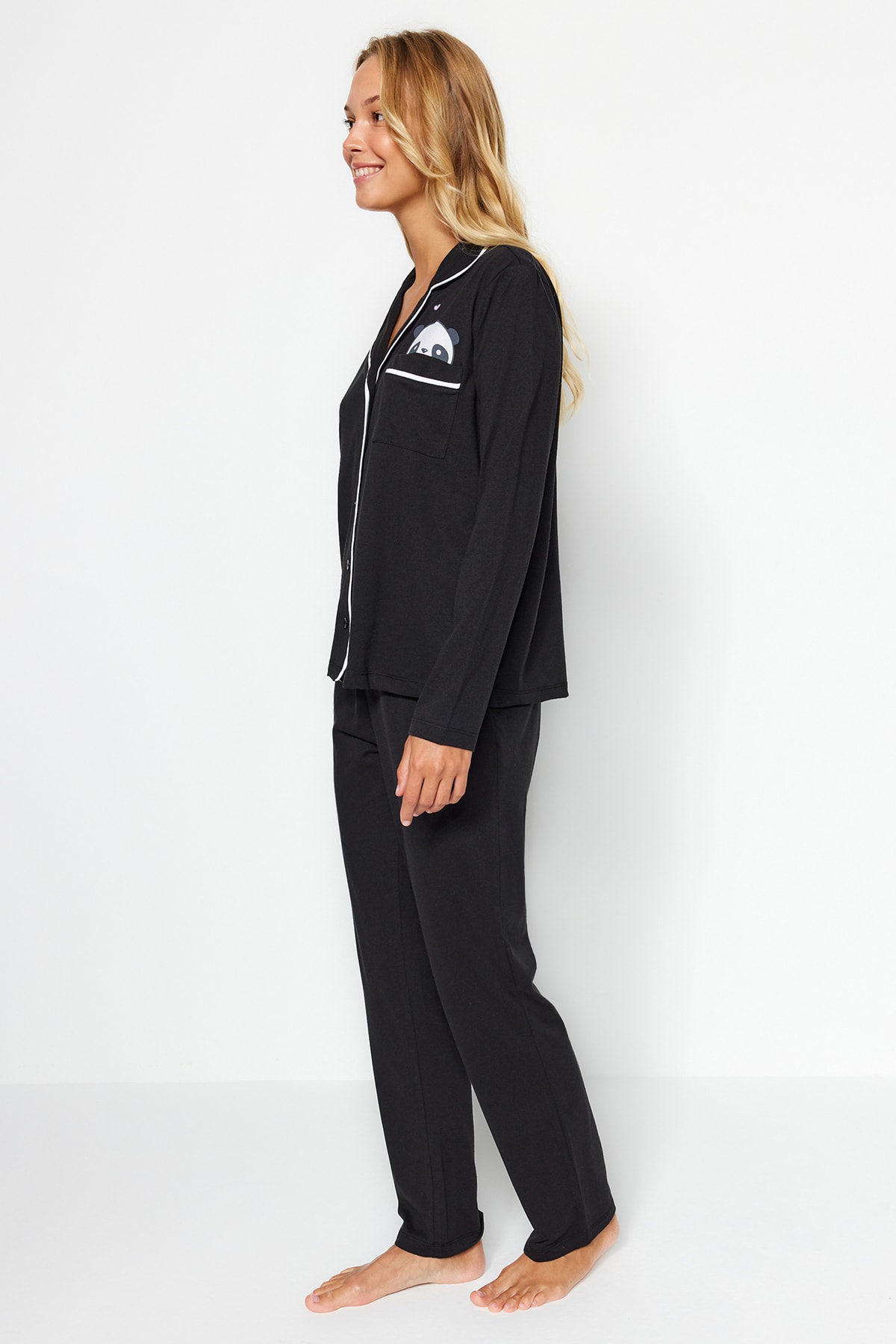 Trendyolmilla  Siyah Pamuklu Panda Baskılı Gömlek-Pantolon Örme Pijama Takımı THMAW21PT0245 - Görsel 4