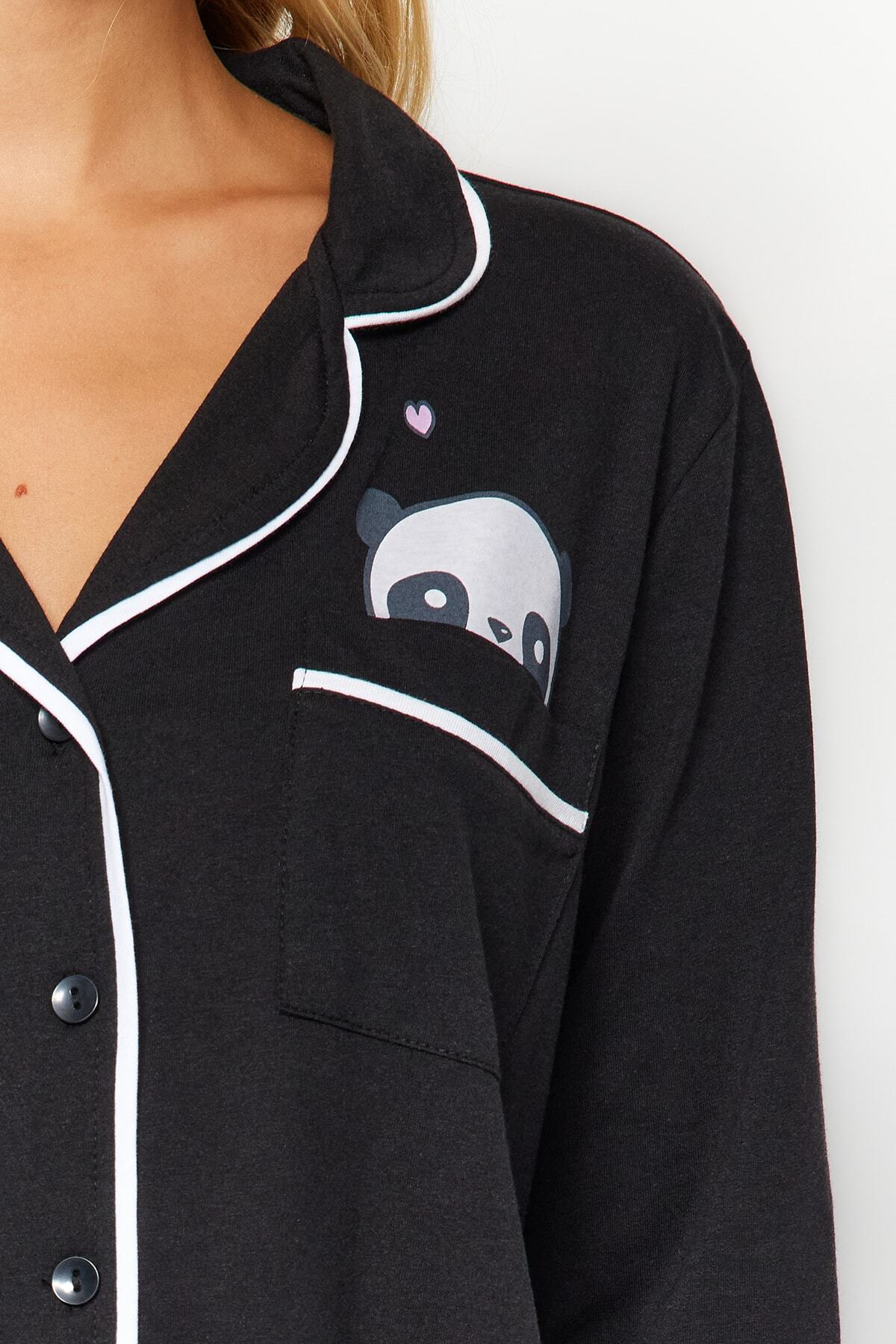 Trendyolmilla  Siyah Pamuklu Panda Baskılı Gömlek-Pantolon Örme Pijama Takımı THMAW21PT0245 - Görsel 6