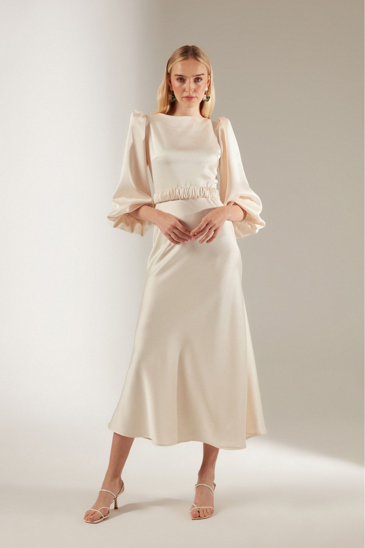 La Lune Balloon Sleeve Midi Dress with Belt, Cream