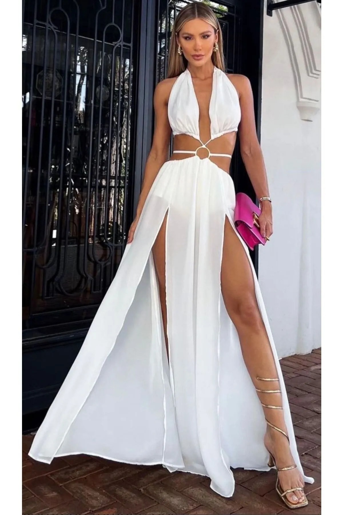 Esinty Kadın Beyaz Beachwear Plaj Astarlı Şifon Kumaş Elbise