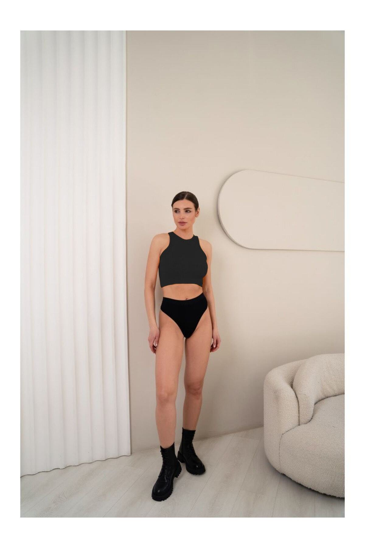 MİSTİRİK Murana Model Dikişsiz Toparlayıcı Büstiyer Crop Seamless Model Spor Crop Siyah Renk görsel 2