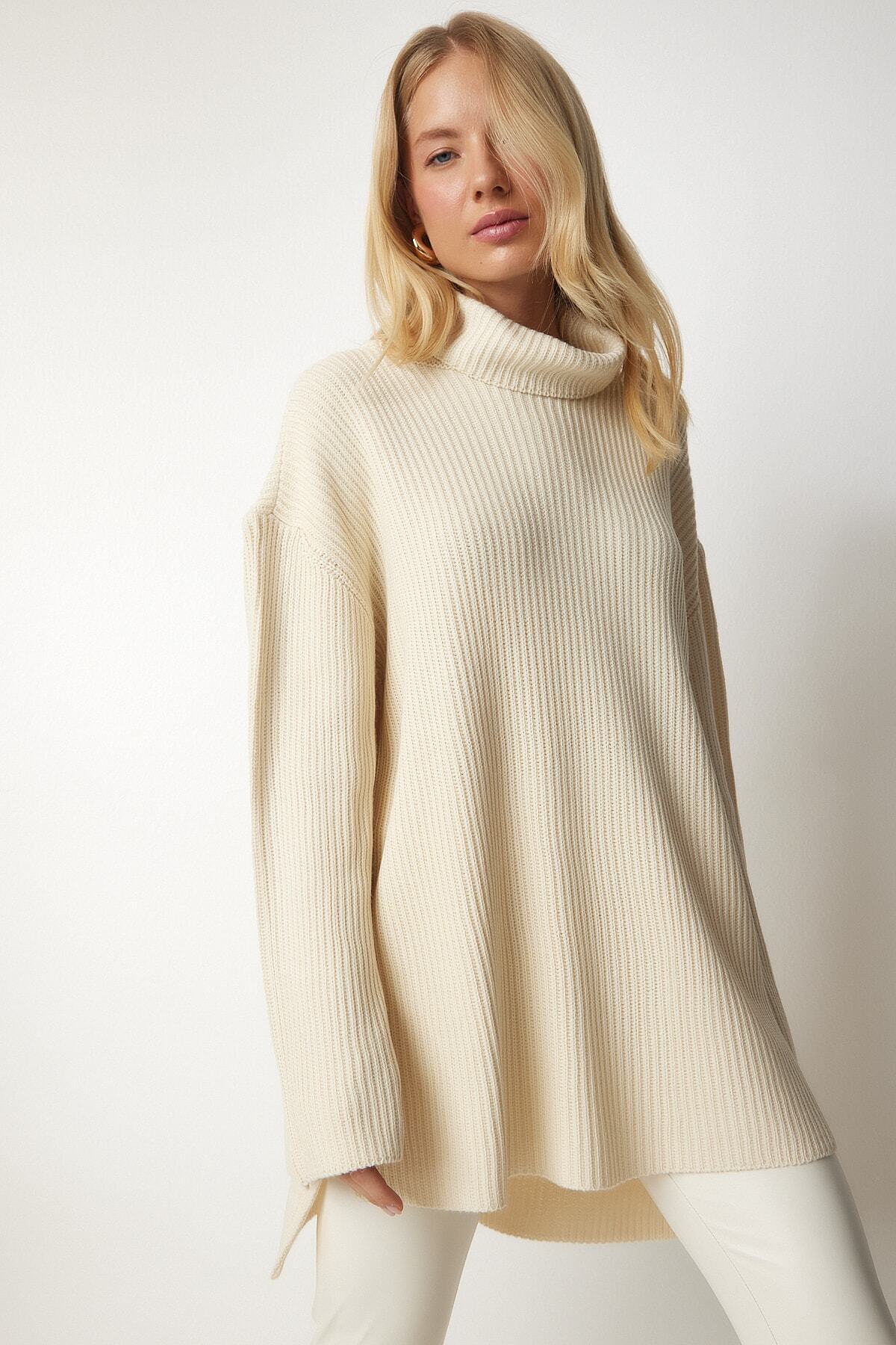 Happiness İstanbul-Cremefarbener Rollkragenpullover in Übergröße für Damen, Strickpullover YY00164 4