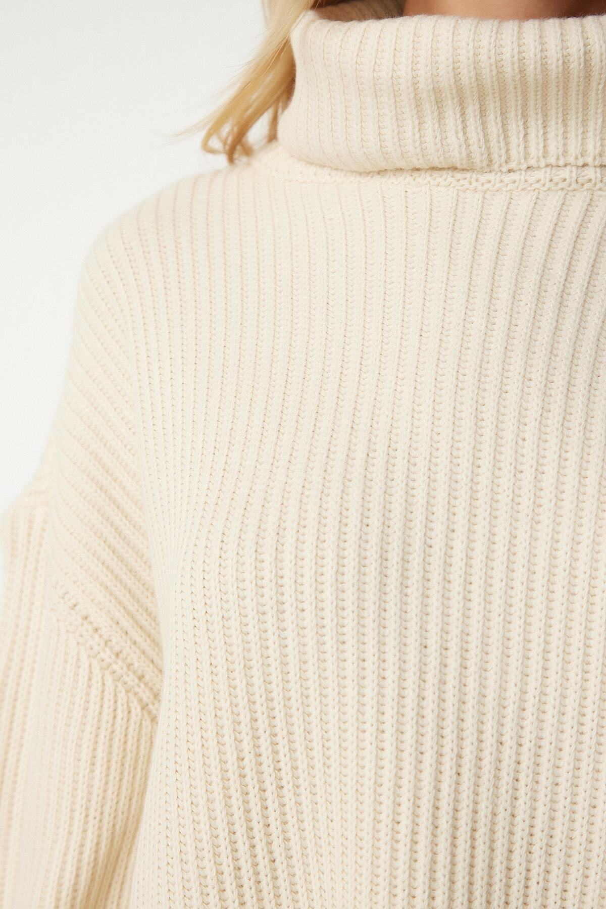 Happiness İstanbul-Cremefarbener Rollkragenpullover in Übergröße für Damen, Strickpullover YY00164 7