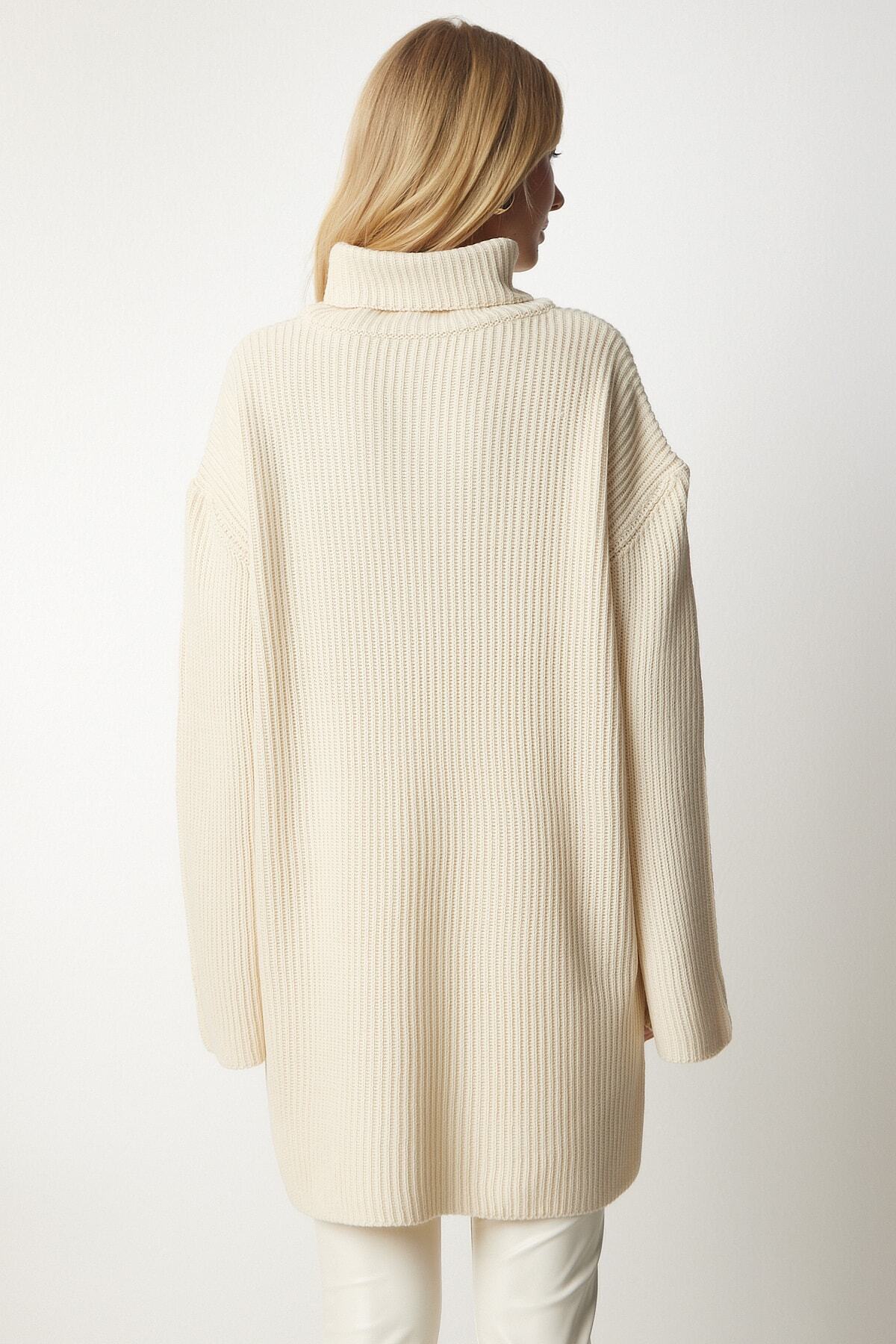 Happiness İstanbul-Cremefarbener Rollkragenpullover in Übergröße für Damen, Strickpullover YY00164 8