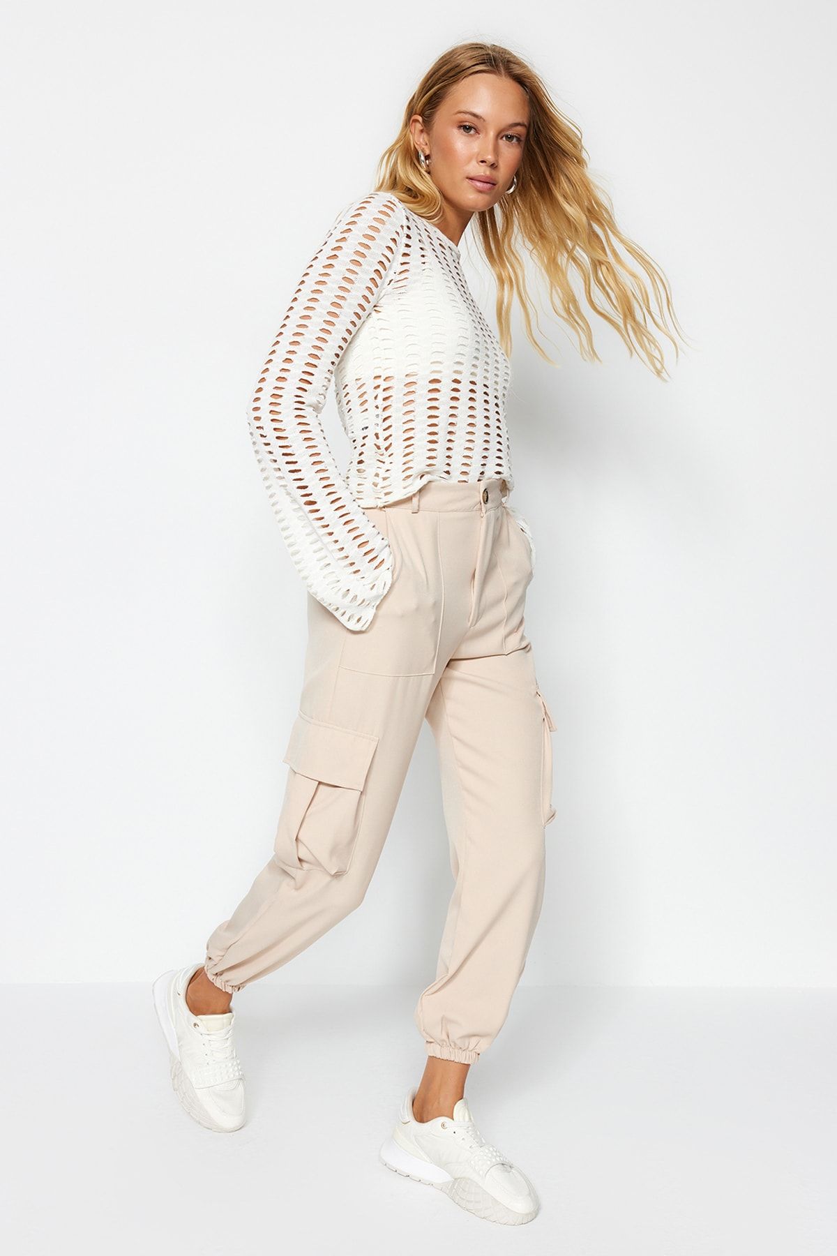 Trendyol Collection-Bézs Cargo Pocket szőtt szövet nadrág TWOAW24PL00234 3