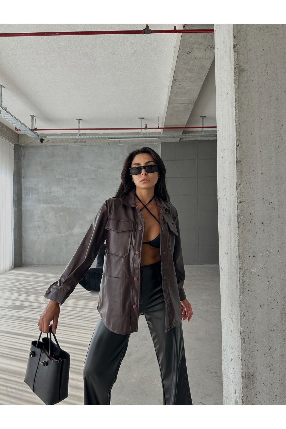 LB Laluna Butik Women s Snap Closure Wool Lined Leather Shirt
