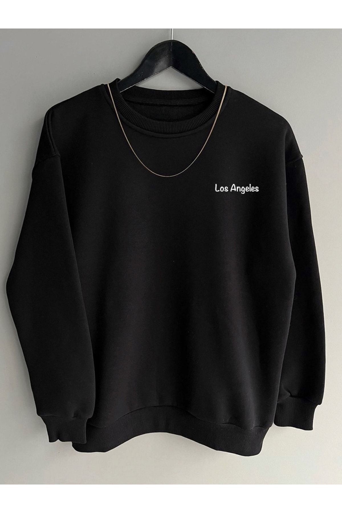 Mythologie Los Angeles Yaz Sweatshirt Siyah Bask l Oversize Sweatshirt Bisiklet Yaka