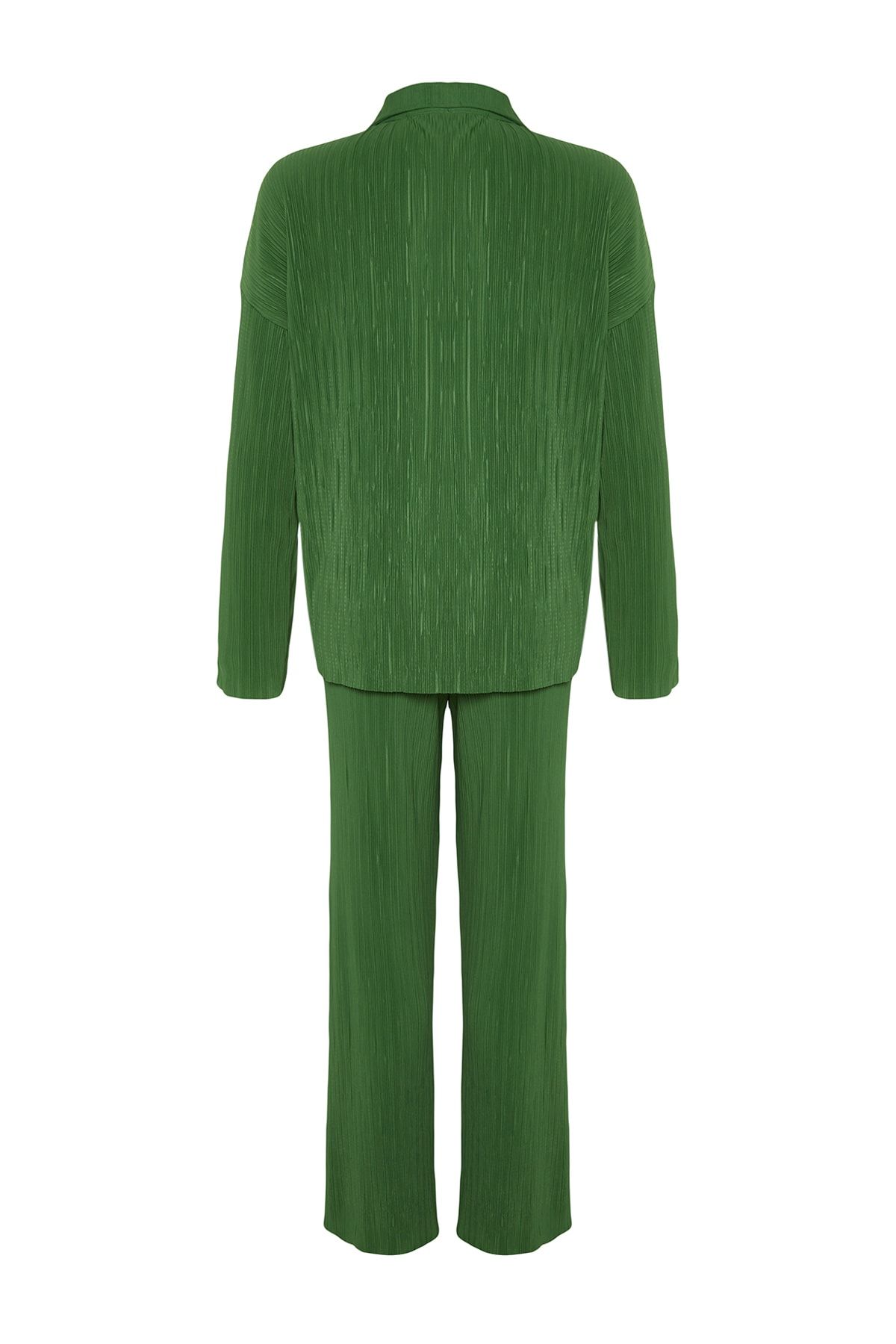 Trendyol Collection-Green Pleated Regular Buttoned Knitted Top and Bottom Set TWOAW24AU00073 8
