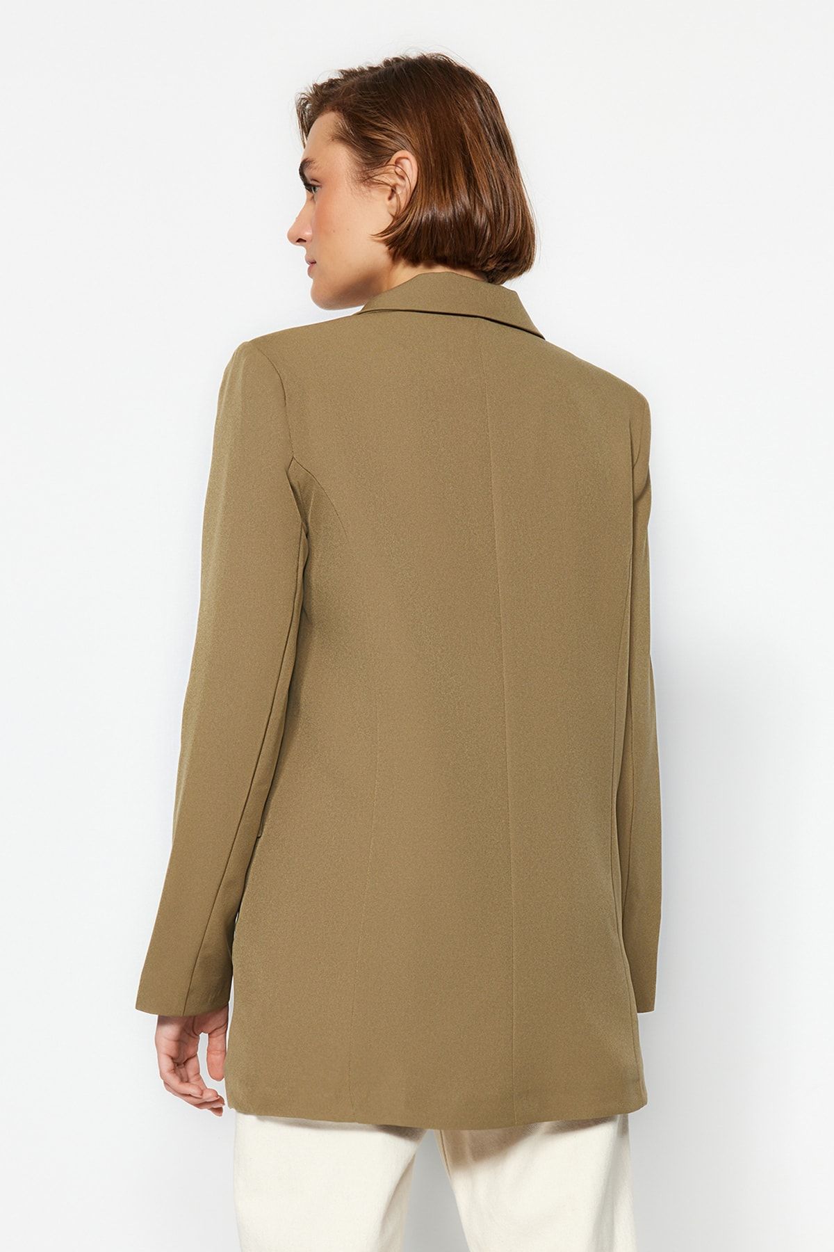 Trendyol Collection-Light Khaki Oversize Lined Buttoned Woven Blazer Jacket TWOAW22CE0167 5