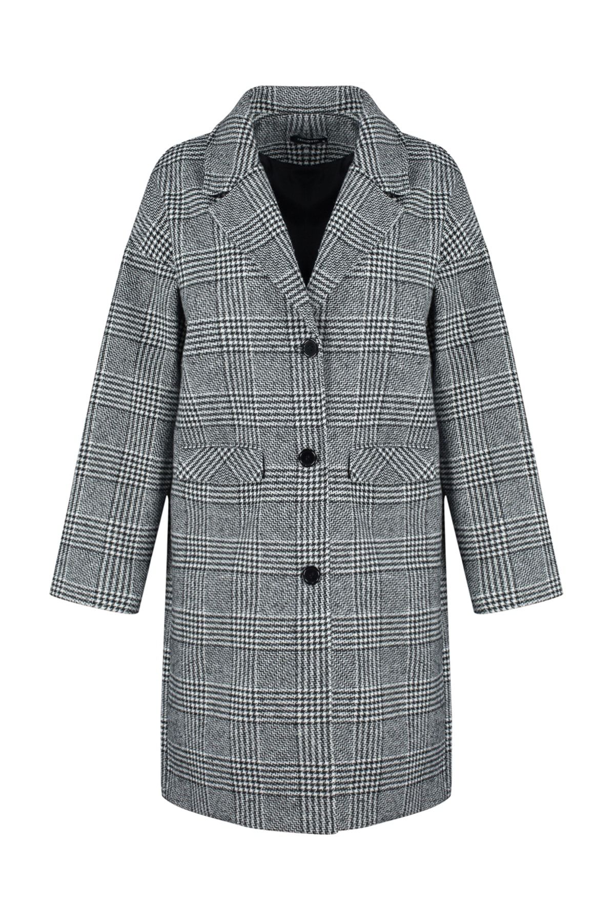 Trendyol Collection-Czarny, oversize'owy, szeroki płaszcz w kratę, długi, wzorzysty płaszcz TWOAW24KB00090 6