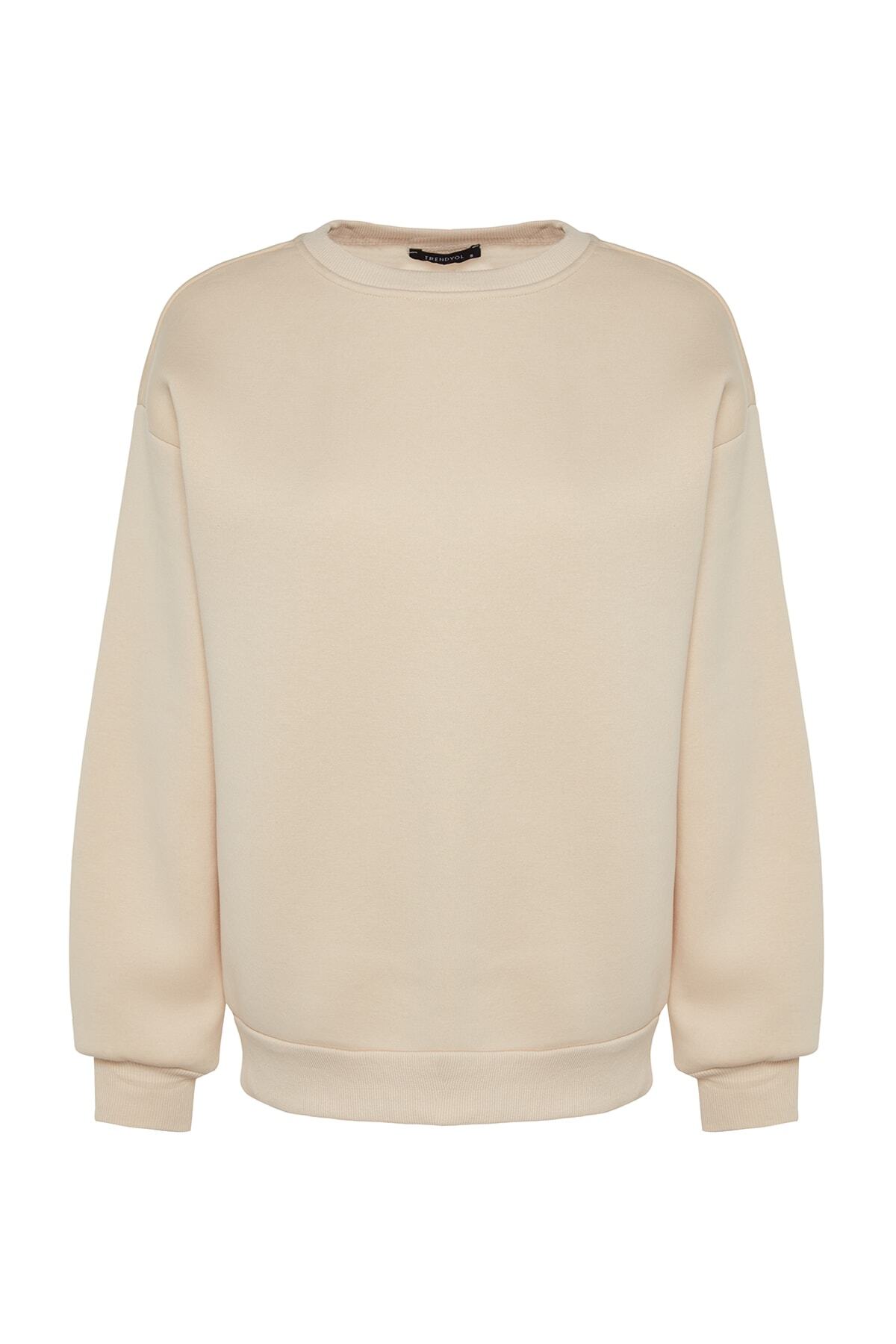 Trendyolmilla  Taş Oversize/Rahat Kesim Basic Bisiklet Yaka Kalın/İçi polarlı Örme Sweatshirt TWOAW24SW00102 - Görsel 8