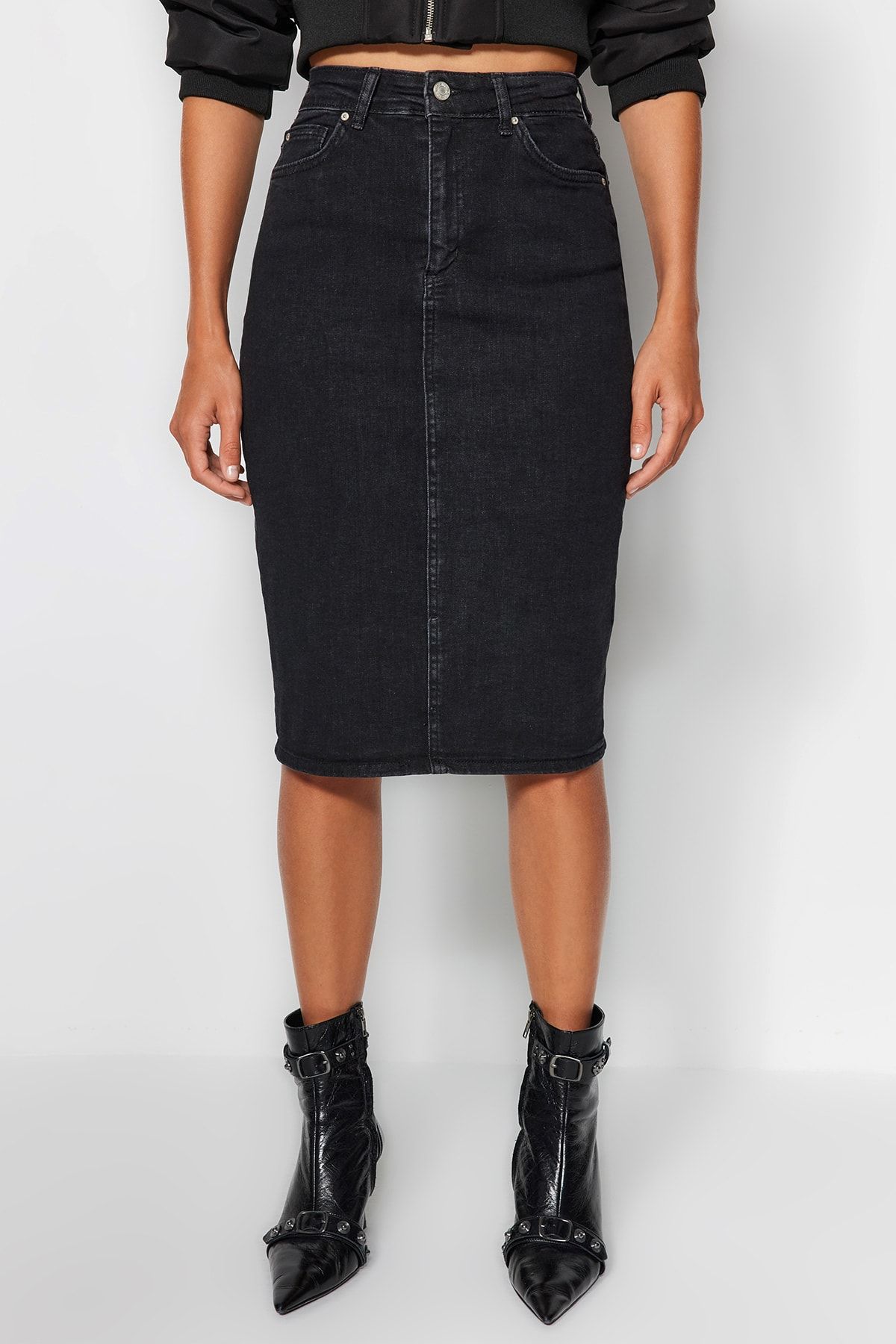 Trendyol Collection-Czarna, ołówkowa spódnica midi z wysokim stanem, dżinsowa TWOSS21ET0297 4