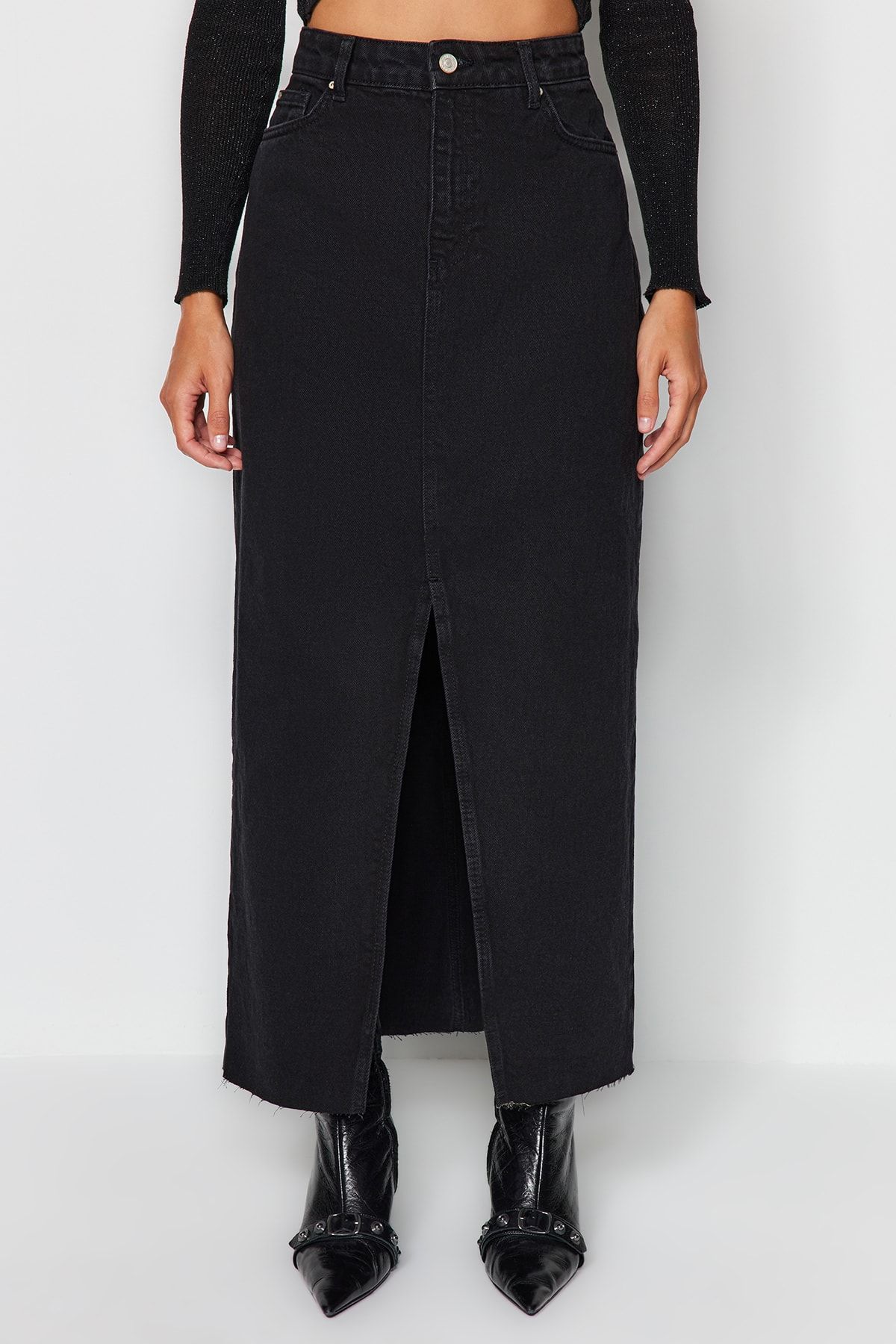 Trendyol Collection-Czarna bardziej trwała spódnica maxi z rozcięciem z dżinsu Twoss23Et00290 5