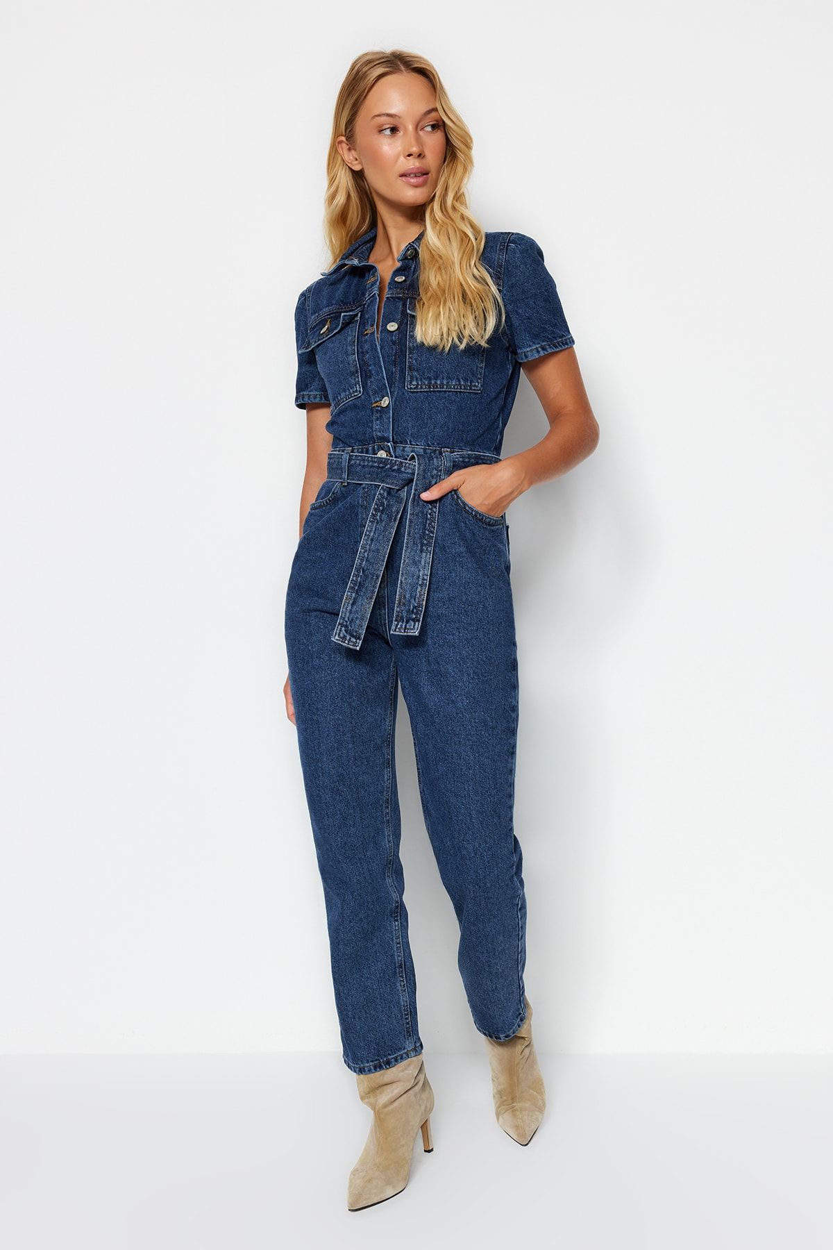 Women Shirt Jumpsuits Cargo One-piece Outfit Button Belted Romper Short  Sleeve Summer Casual Onesie Jumpsuit