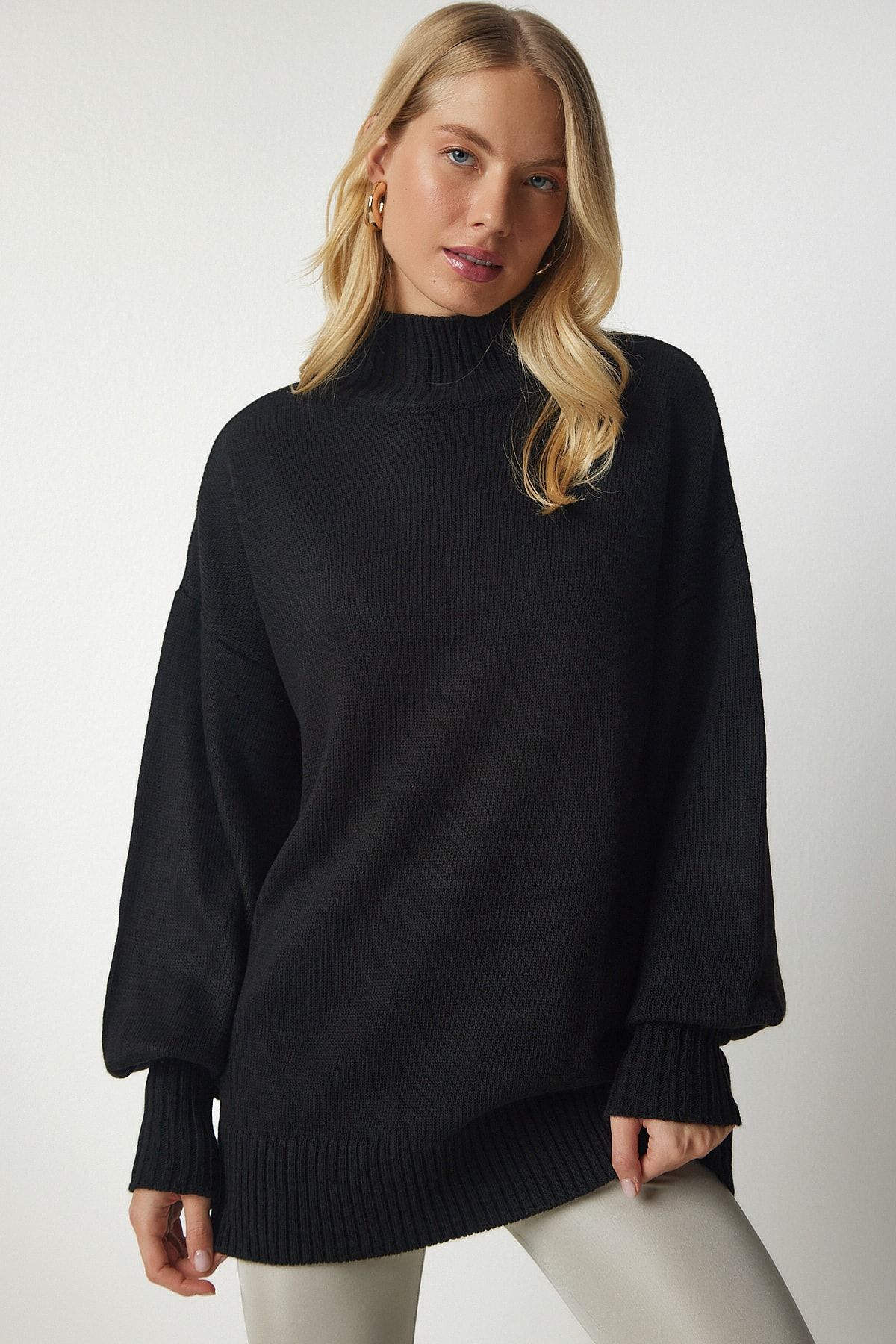 Happiness İstanbul-Schwarzer Oversize-Strickpullover mit Stehkragen für Damen, Basic, YY00167 3