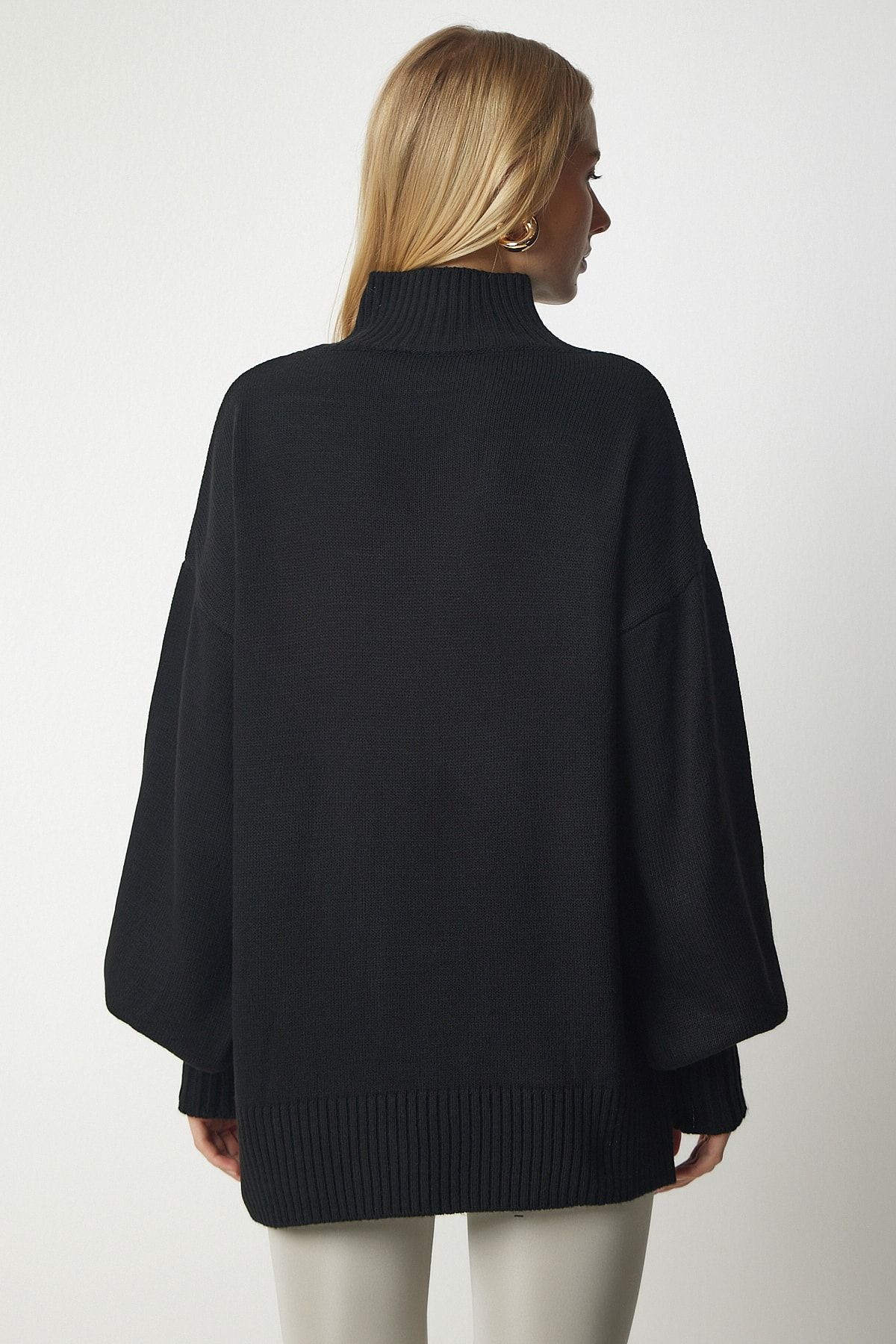 Happiness İstanbul-Schwarzer Oversize-Strickpullover mit Stehkragen für Damen, Basic, YY00167 6