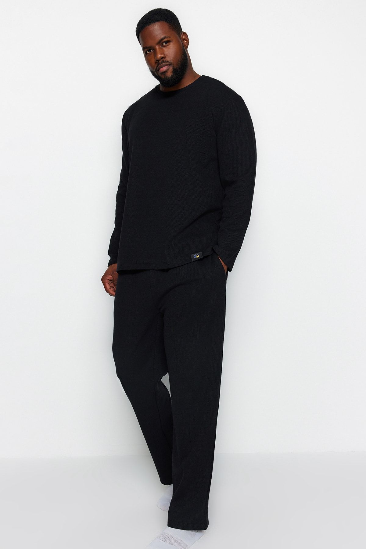 Trendyol Collection Waffle Knit Black Plus Size Pajama Set - Regular Fit Mężczyzna - 4XL
