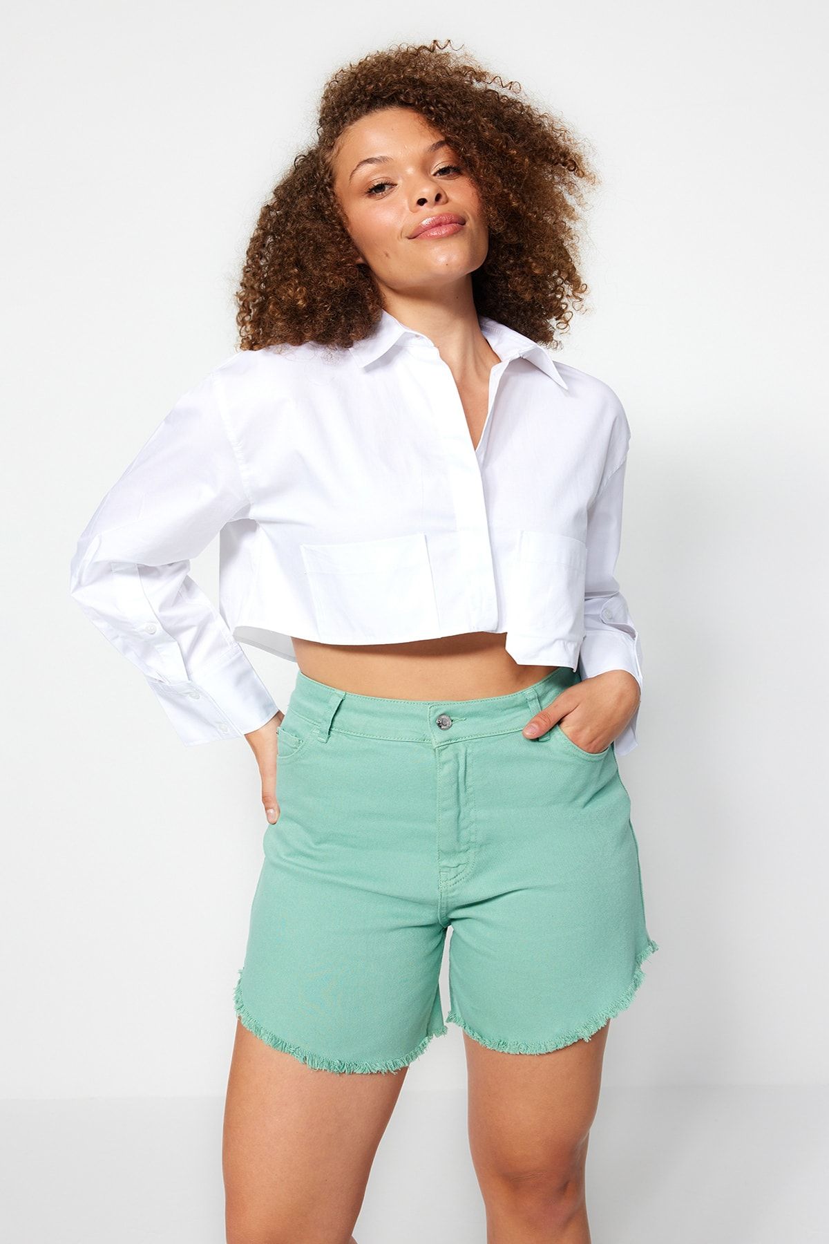 Mint green online denim shorts