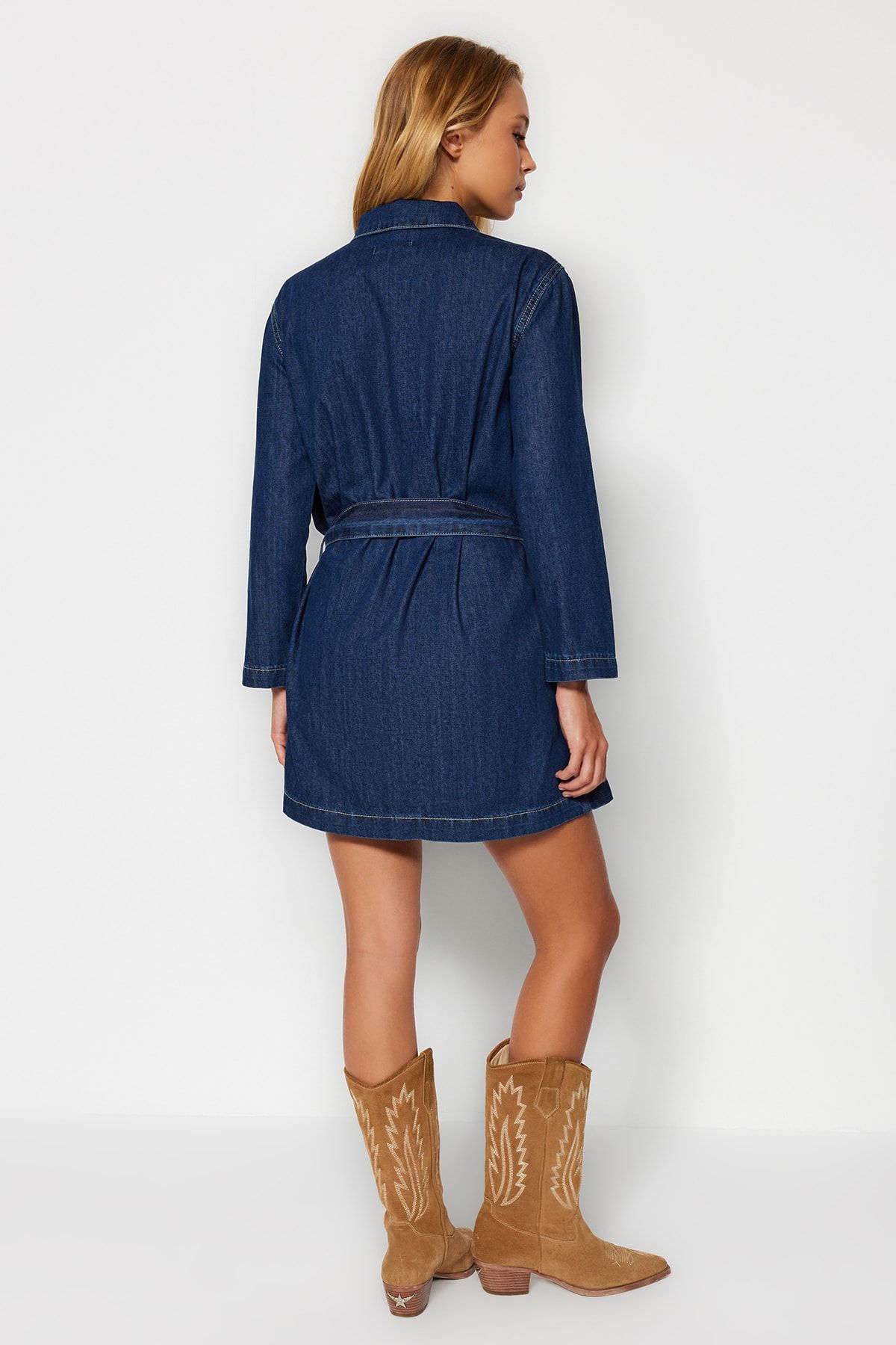 Trendyol Collection Dark Blue Belted Denim Mini Shirt Dress TWOAW24EL00450