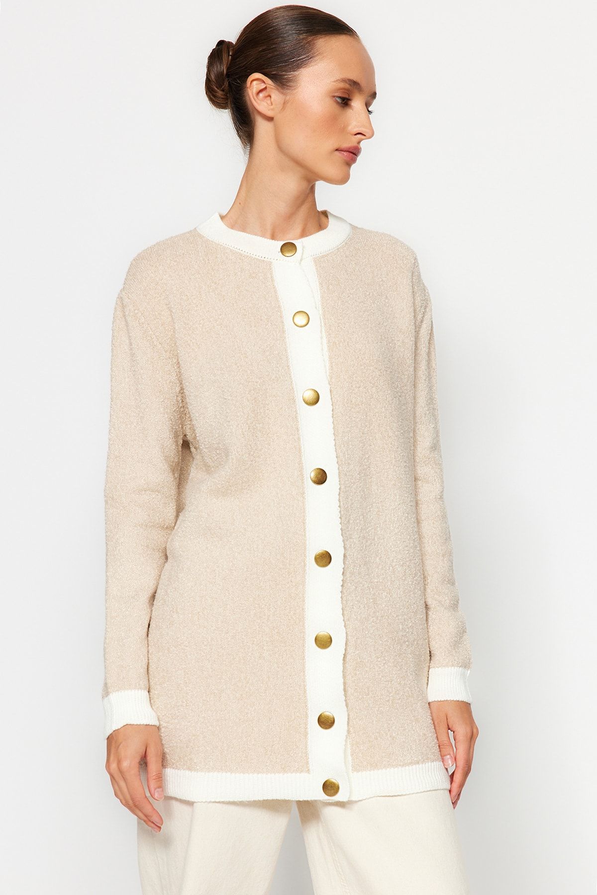 Trendyol Modest-Knitwear Cream Cardigan - Button Detail, TCTAW24TH00073 2