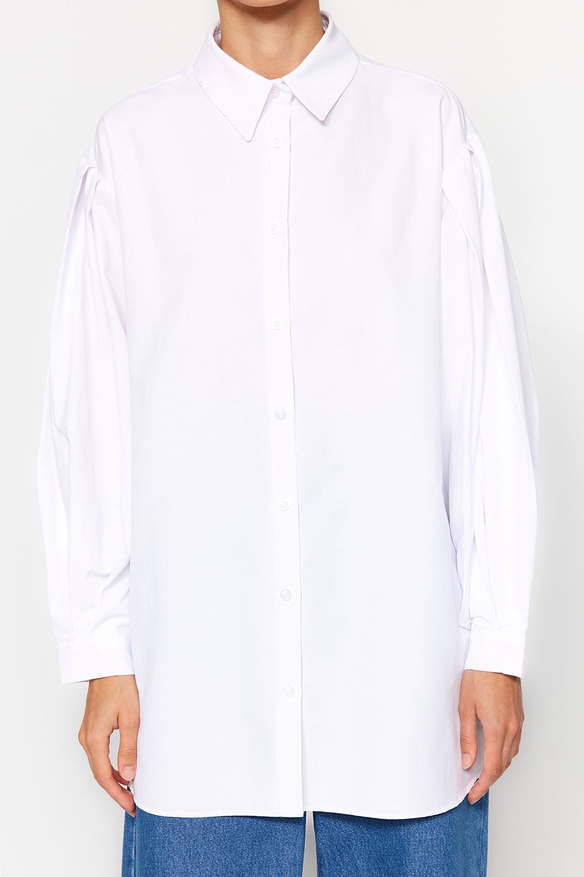 Trendyol Modest-White Sleeves Pleat Detailed Woven Shirt TCTAW24TG00023 4