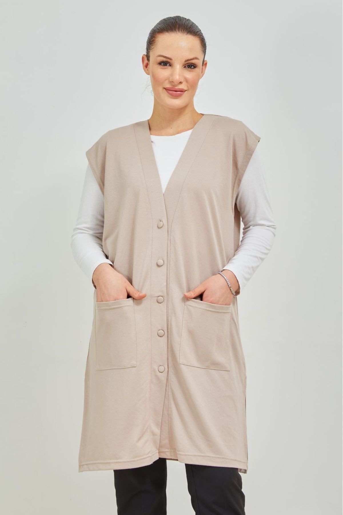 Elçelya Moda Vesta Tunică Damă Crem Buzunar Lung Nasturi Bumbac Pieptanat Mama Marime Mari Femeie - 2XL