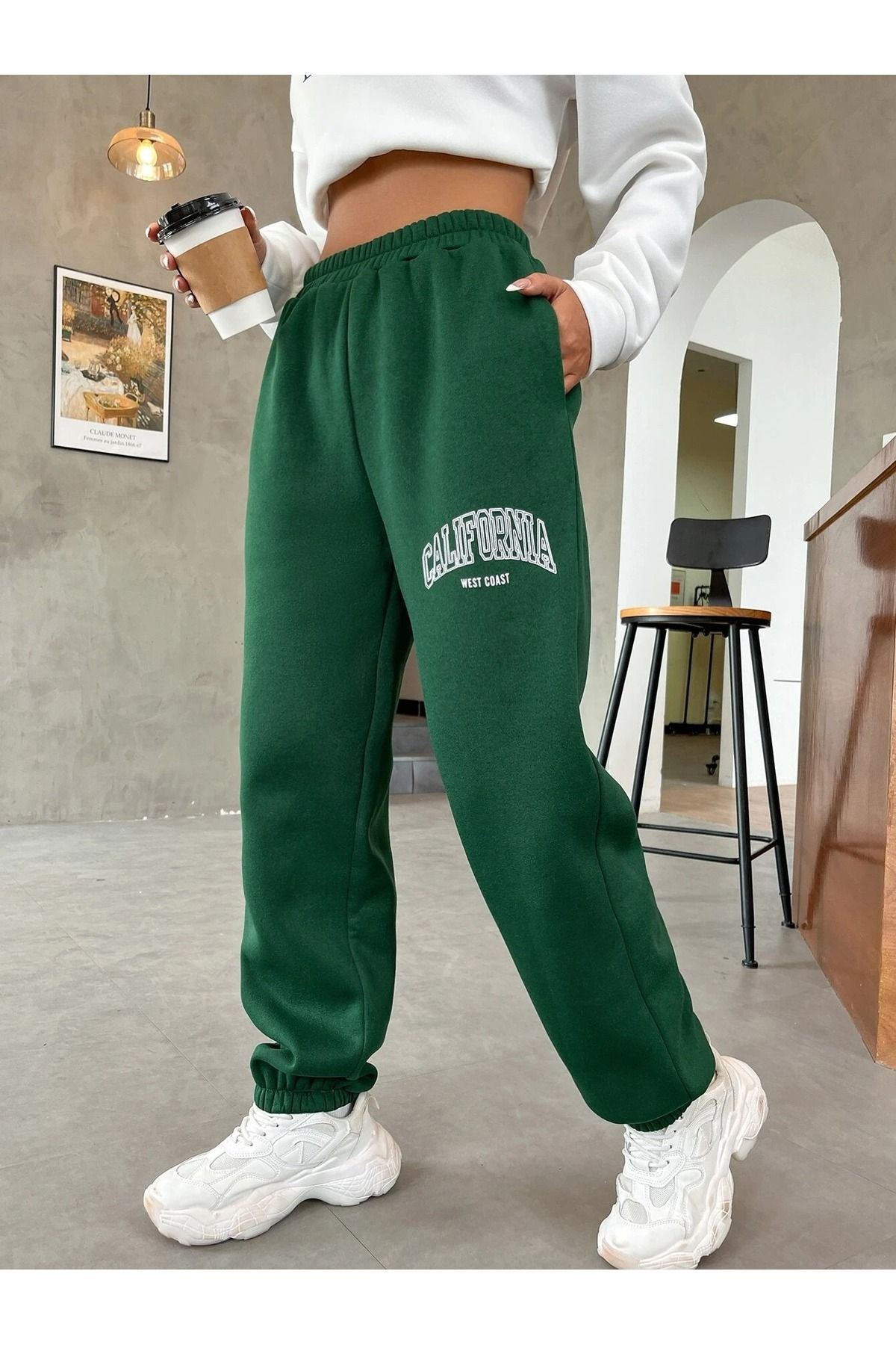 DUBU BUT K California West Coast Sweatpants Jogger Green Printed Rubber Leg High Waist Trendyol