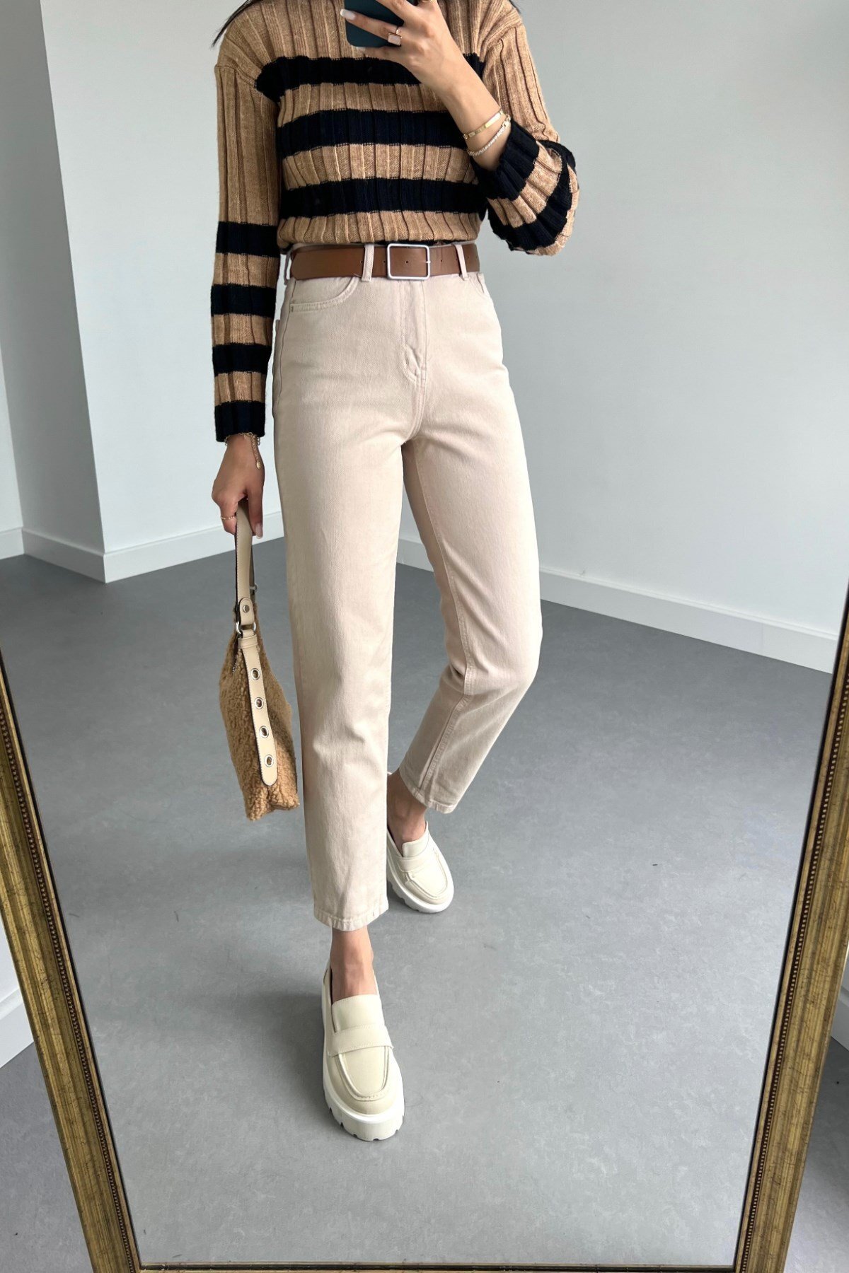 Likralı Fit Mom Jean Bej