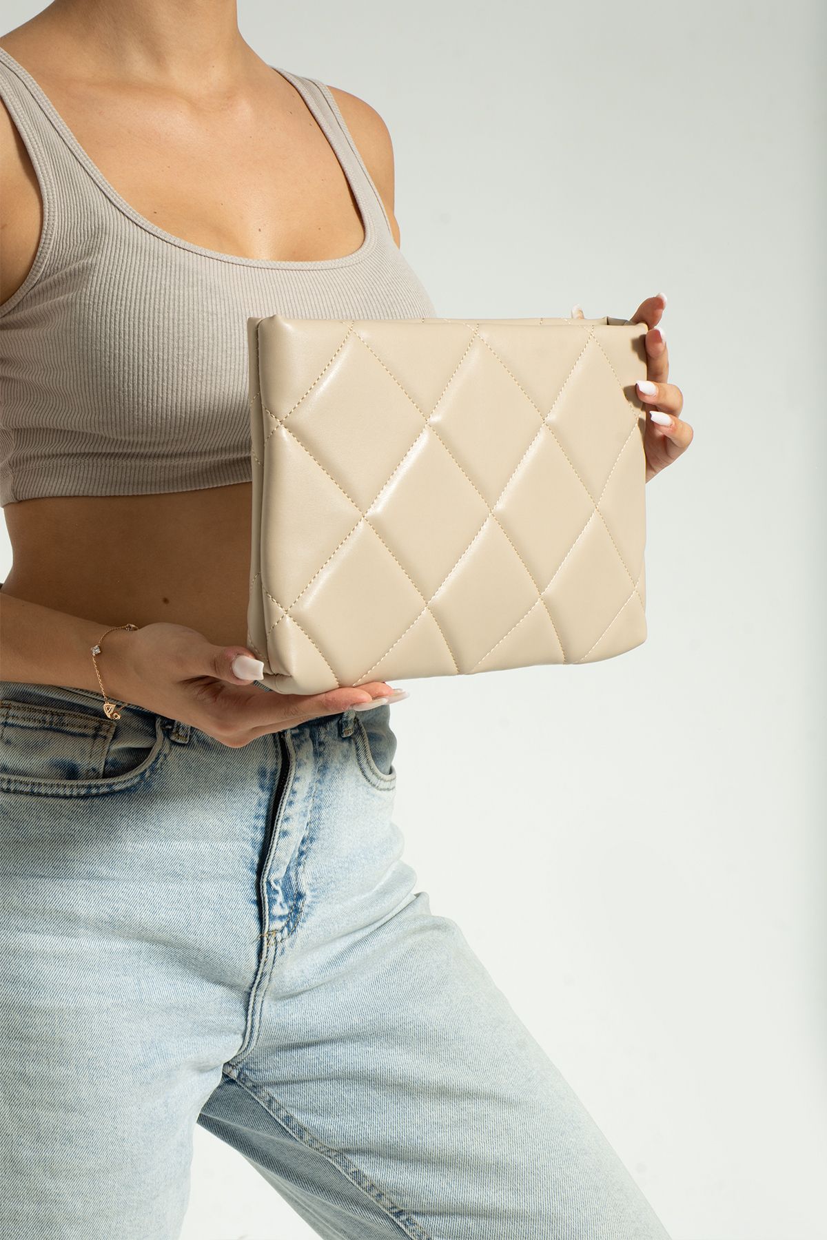 Sanmorris Women s Dark Beige Cross Strap Quilted Patterned Zipper Pocket Clutch Bag