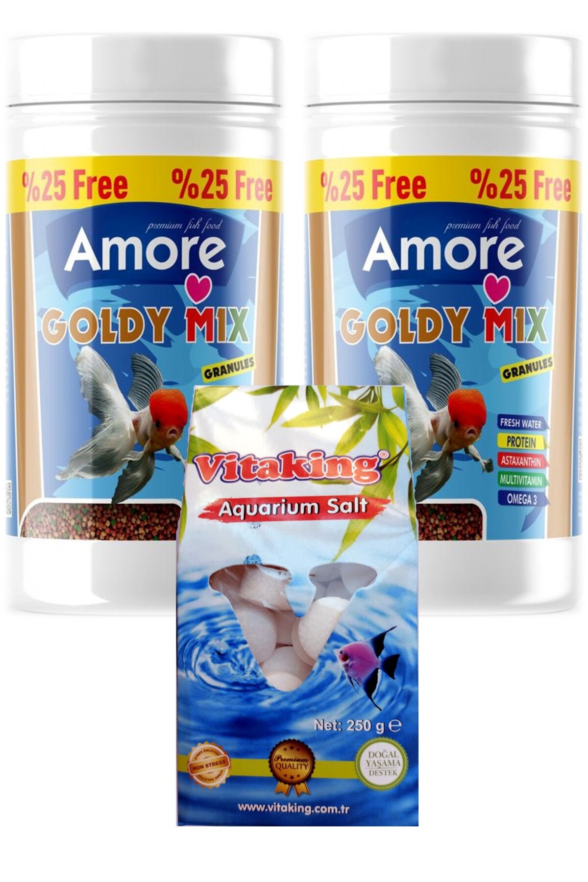 AMORE Goldy Mix Granules 2 x 125 ml Kutu Japon Balık Yemi ve Akvaryum Temizliği Kaya Tuzu Tabletleri
