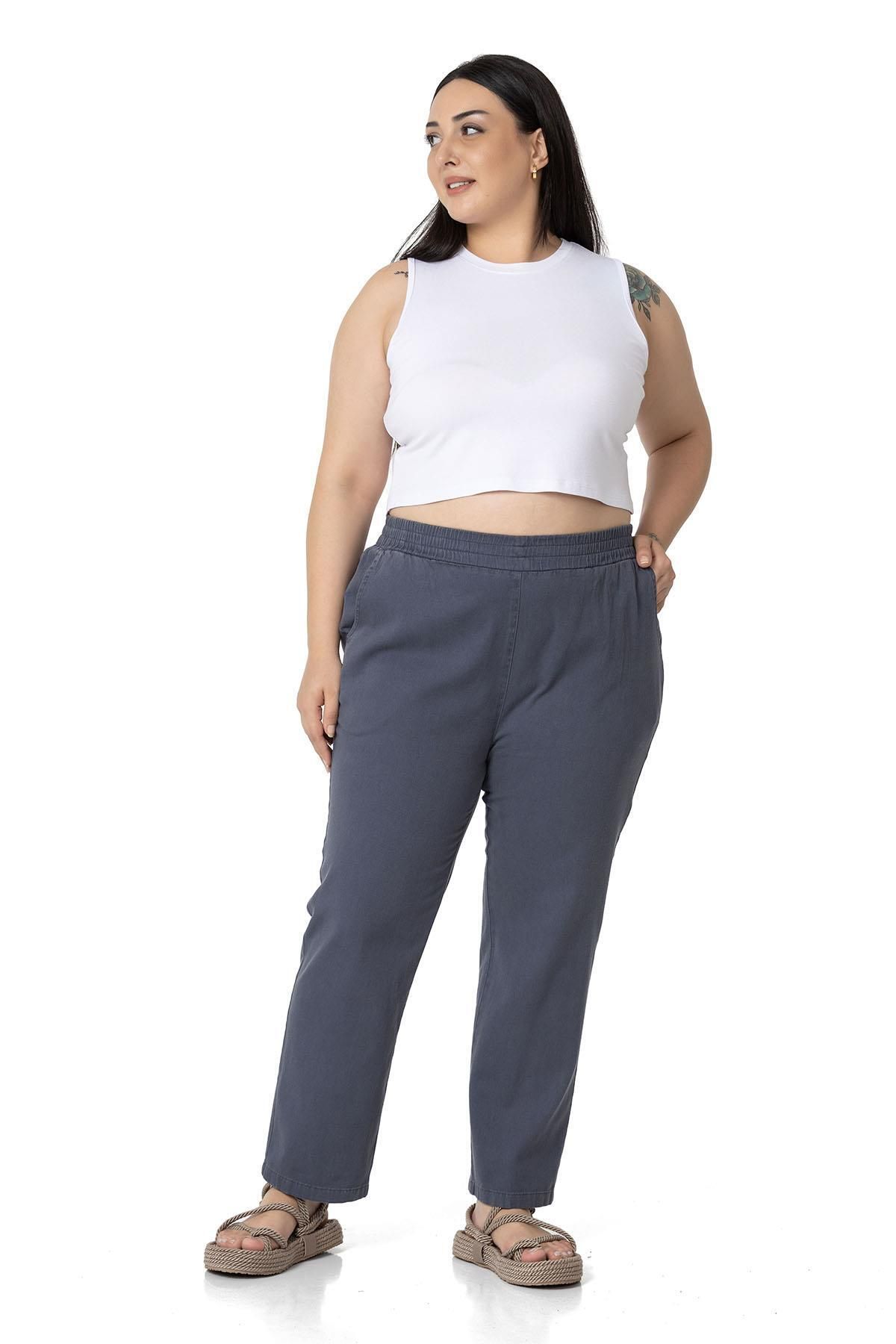 DISENTIS MODEST-Plus Size Gabardine Anthracite Trousers with Elastic Waist and Pockets 2