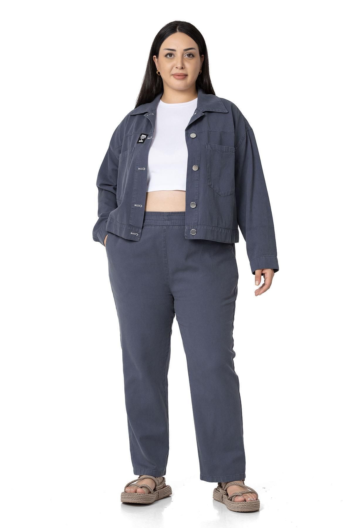 DISENTIS MODEST-Plus Size Gabardine Anthracite Trousers with Elastic Waist and Pockets 5