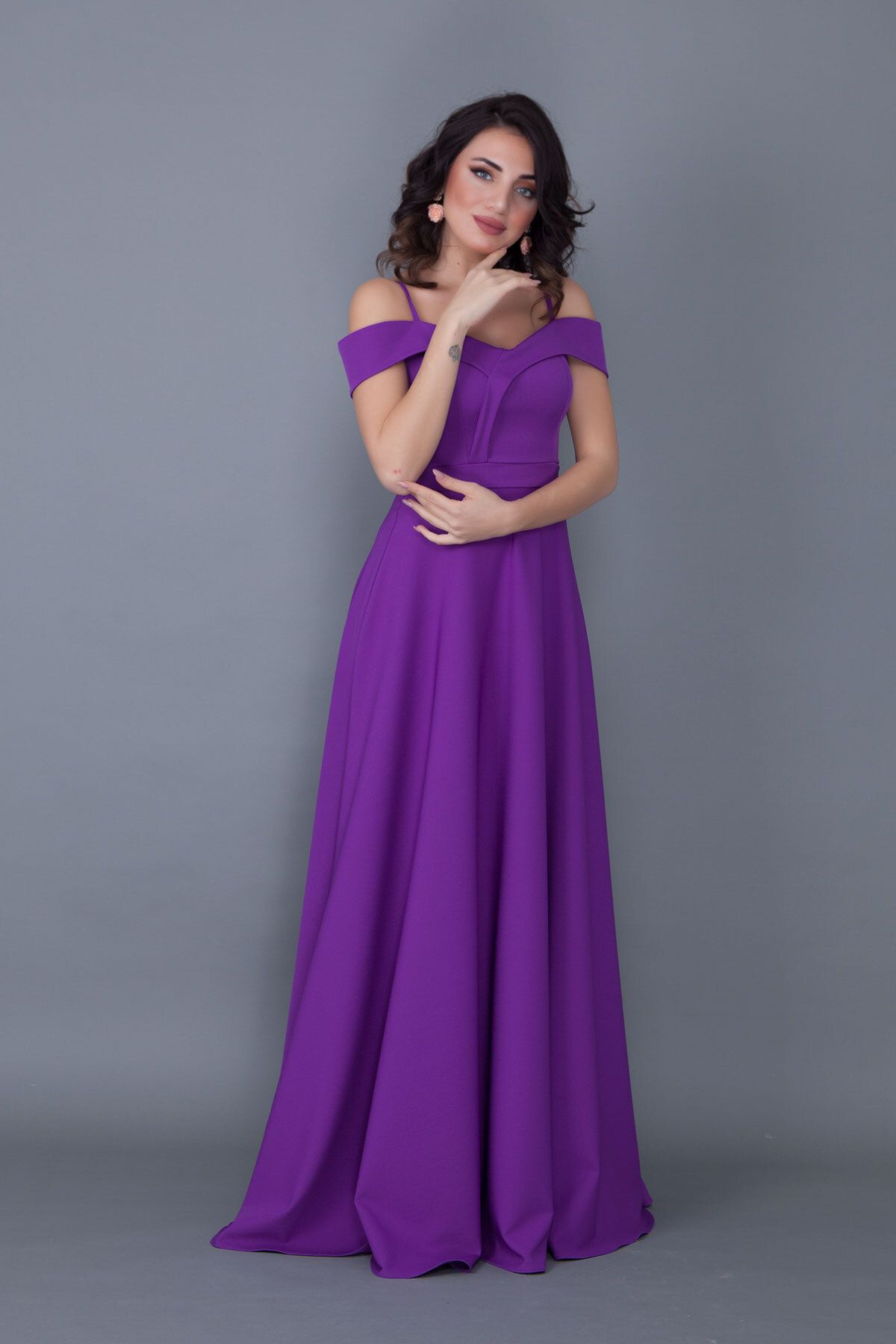 NO48-Rochie model evazată cu bretele, mov, lungime maxi 5