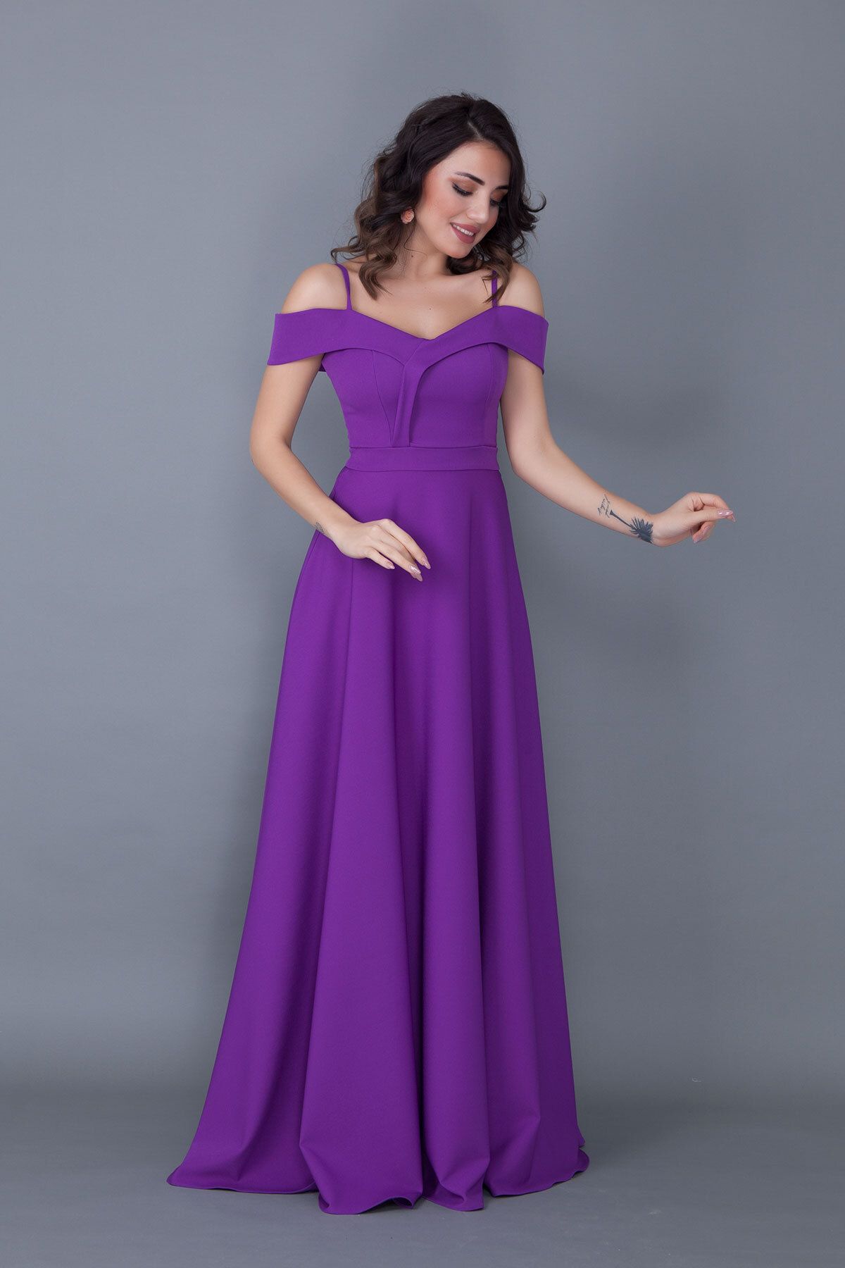 NO48-Rochie model evazată cu bretele, mov, lungime maxi 4