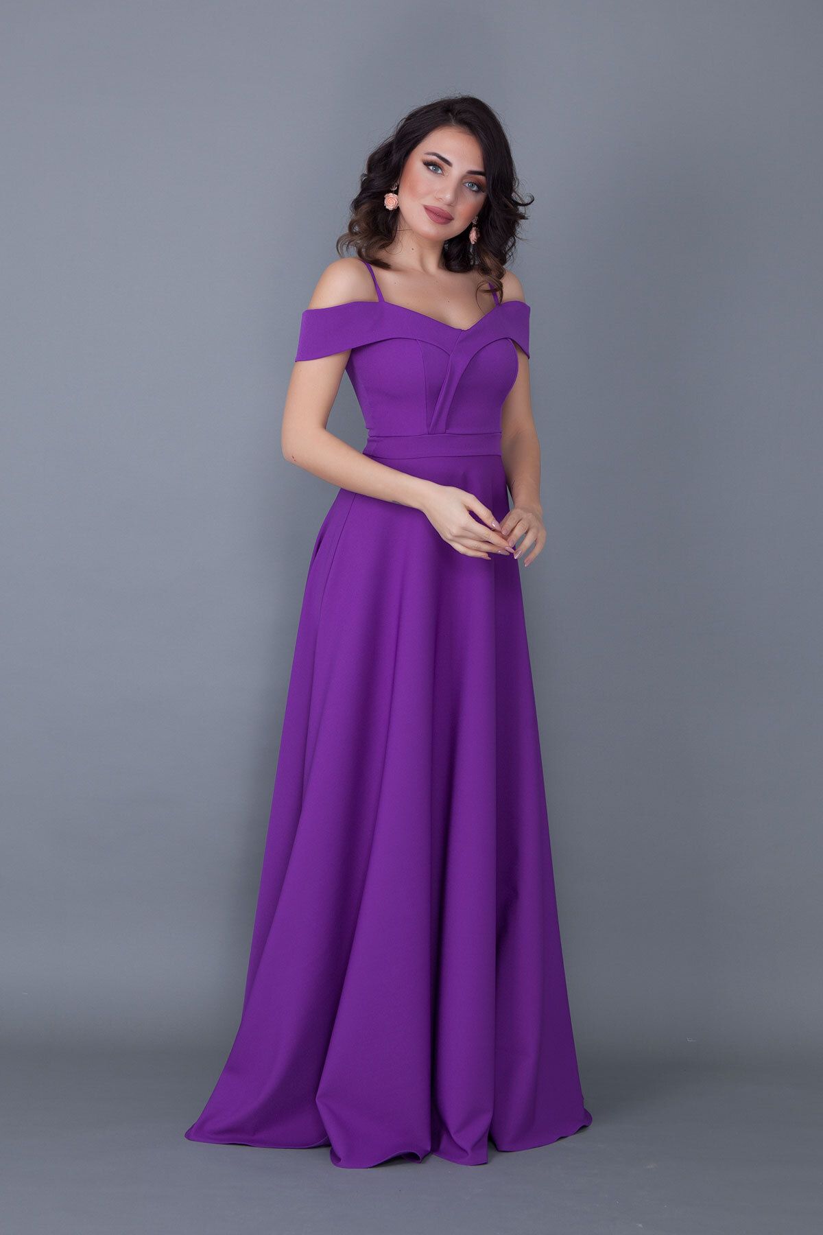 NO48-Rochie model evazată cu bretele, mov, lungime maxi 2