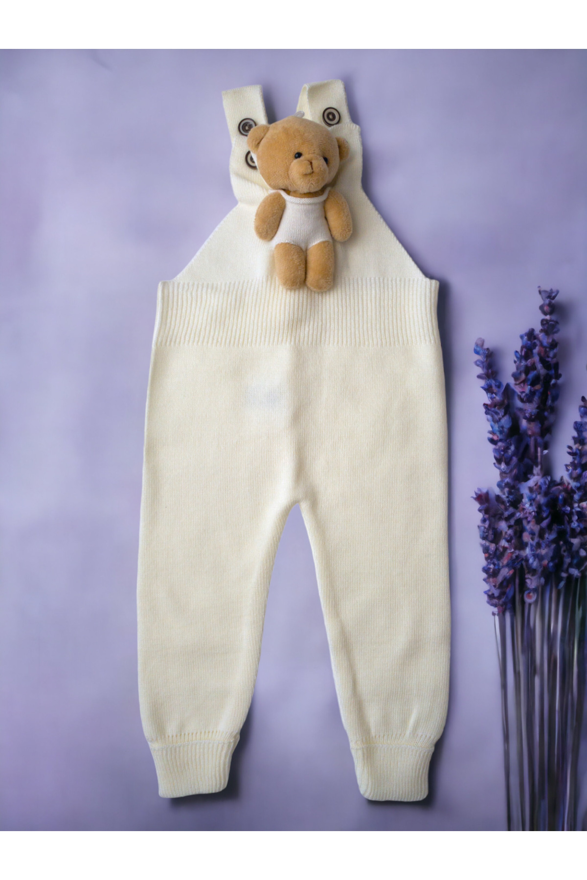 Teddy Bear Buttoned Baby Kids Knitwear Dungaree Ecru