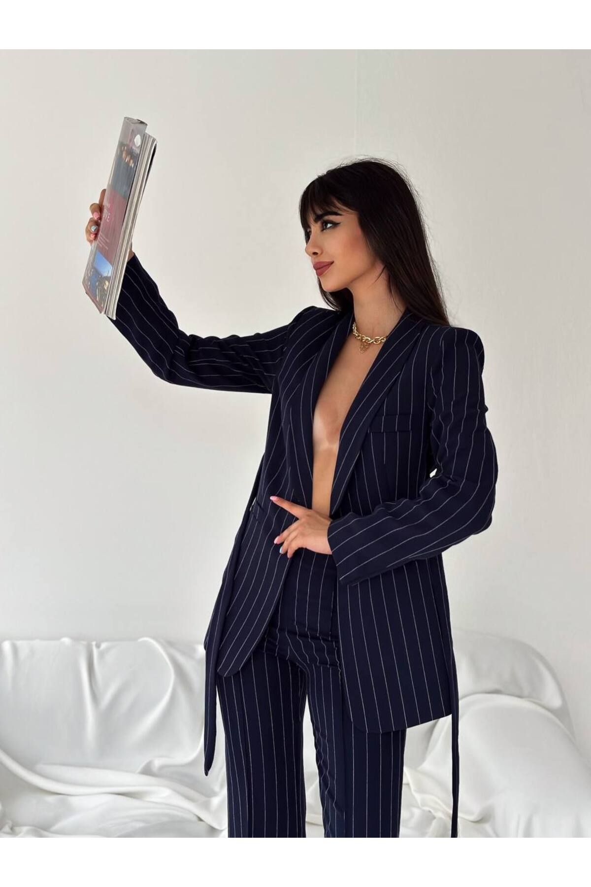 han fashion-Zavazovací pruhovaná umělá kapsa Šálový límec Blazer Bunda Pipe Noha Strečové kalhoty Oblek 5