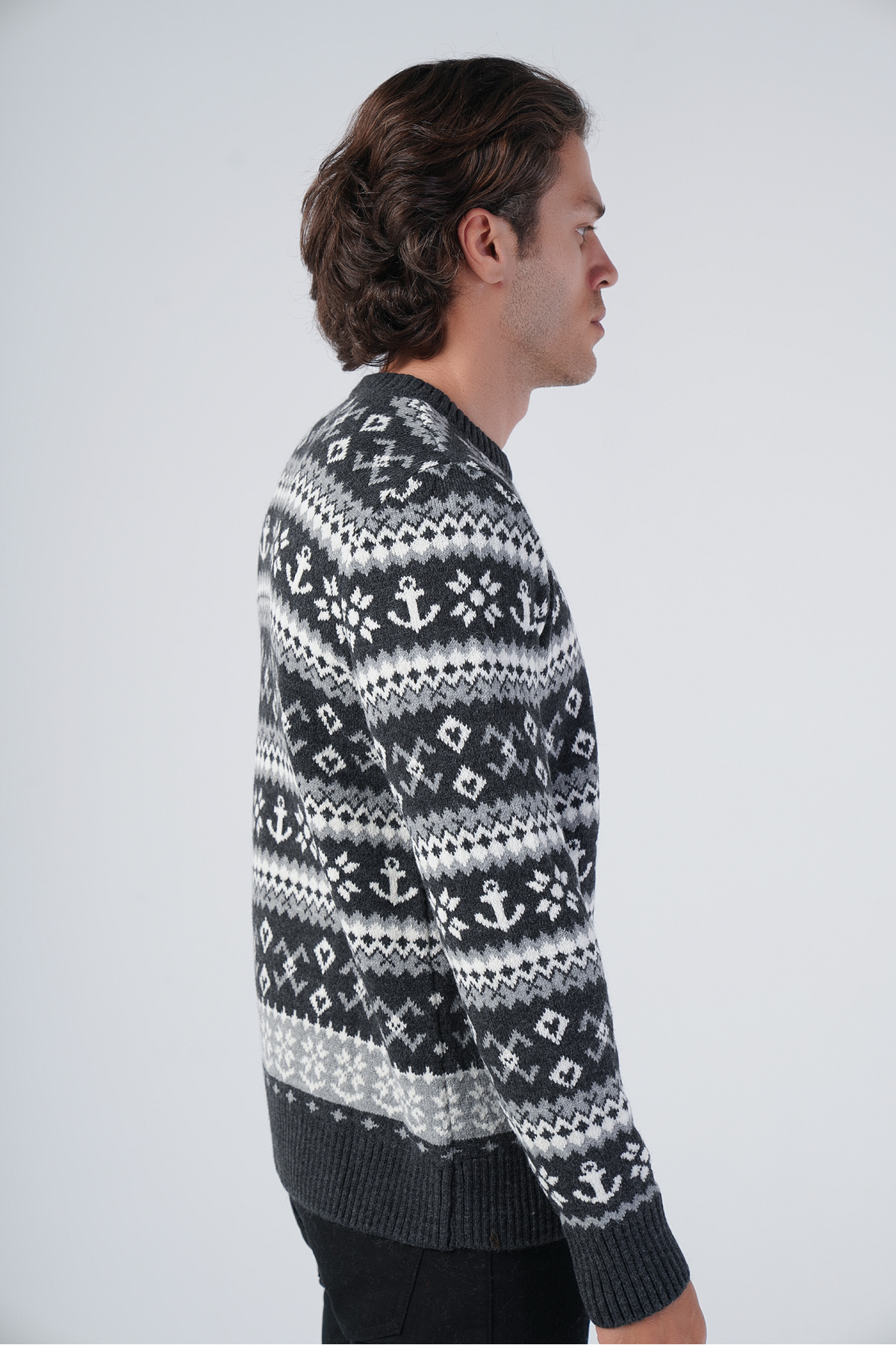 Trist Star  Antrasit Erkek Jakarlı Çapa Desen Bisiklet Yaka Triko Yün Kazak - Görsel 2