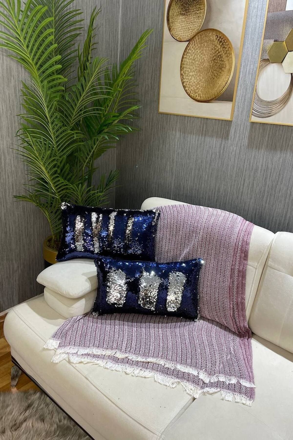 Paris Life Rectangular Sequined Throw Pillow Cover Navy Blue Silver DOUBLE SIDED