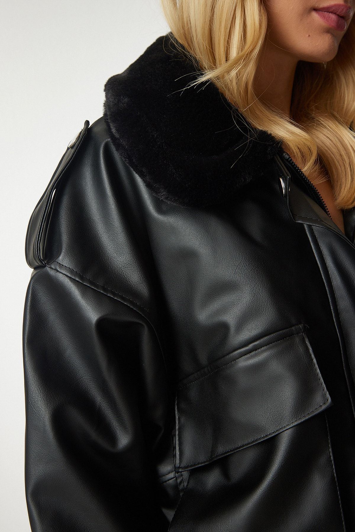 Happiness İstanbul-Women's Black Furry Bomber Faux Leather Coat rv00141 6