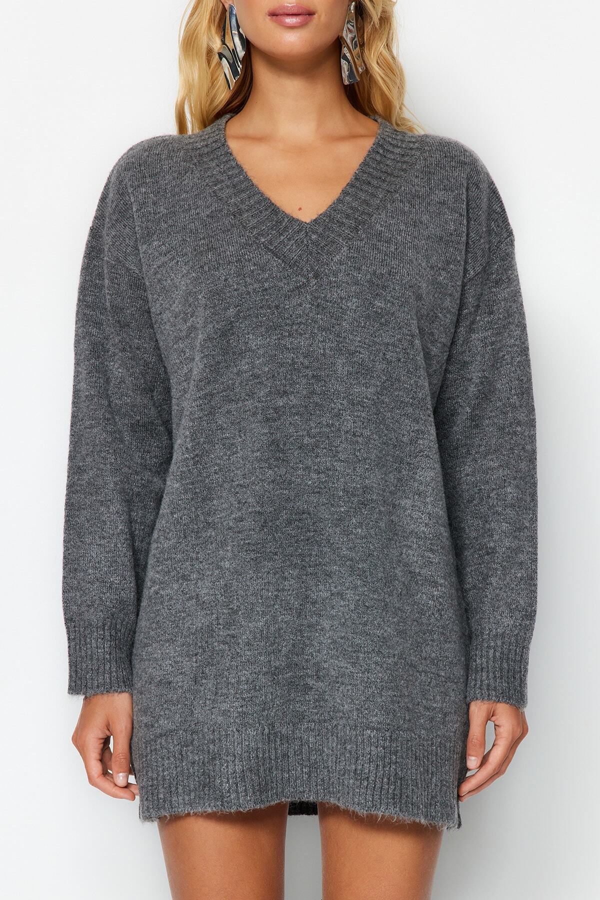 Trendyol Collection-Anthracite Mini Wide Fit Soft Texture Knitwear Dress Twoaw24El00086 6