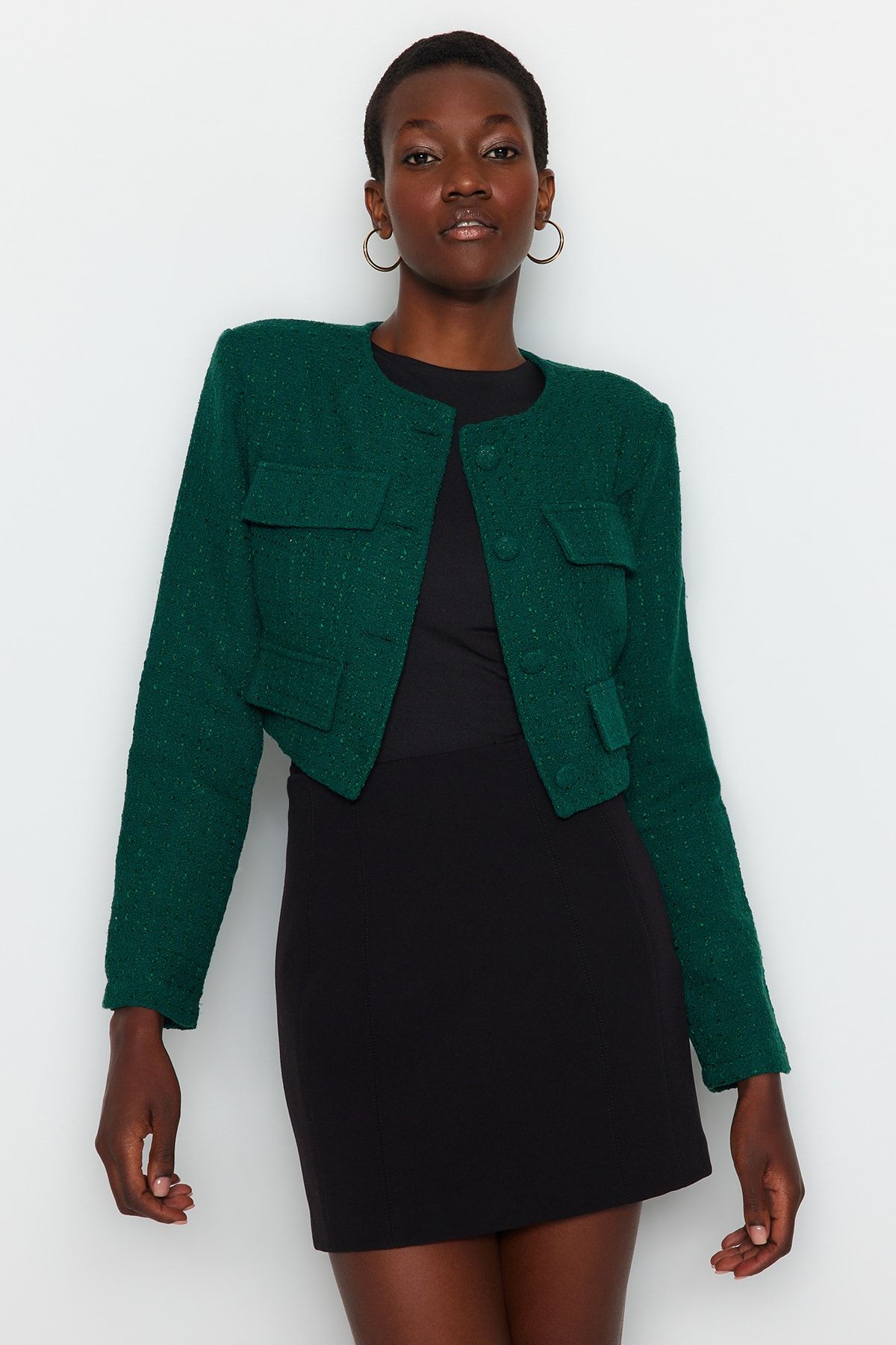 Trendyol Collection Emerald Green Tweed Crop Woven Jacket TWOAW23CE00215