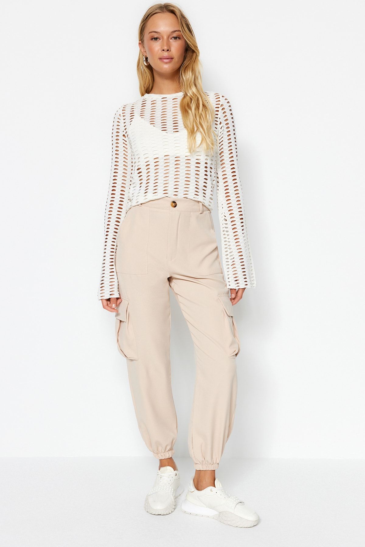 Trendyol Collection-Bézs Cargo Pocket szőtt szövet nadrág TWOAW24PL00234 4