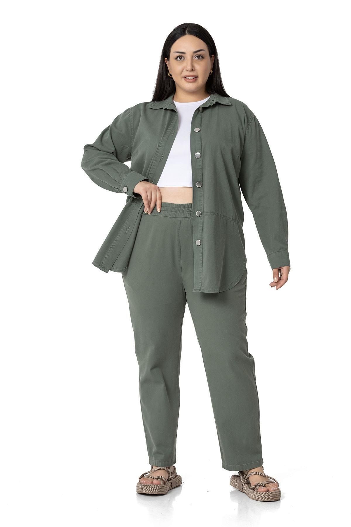DISENTIS MODEST-Plus Size Gabardine Khaki Trousers with Elastic Waist and Pockets 5
