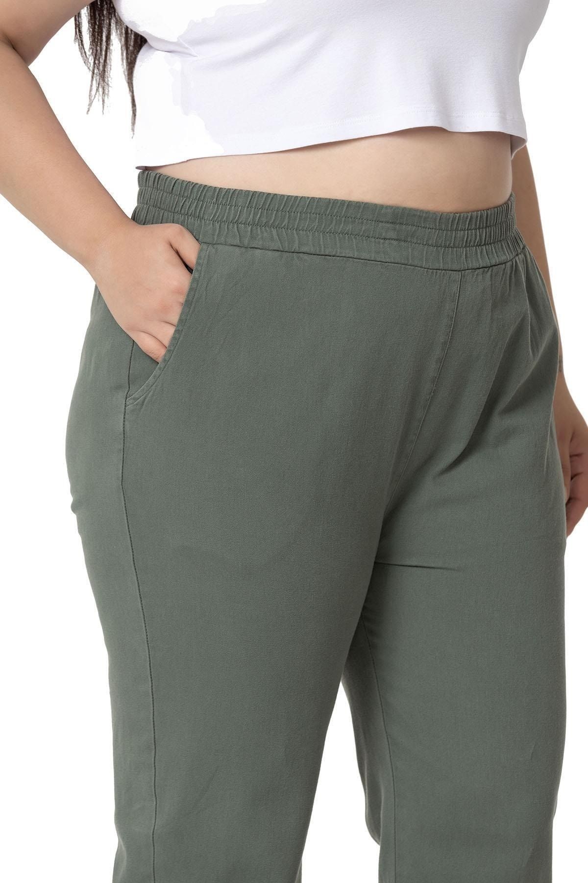 DISENTIS MODEST-Plus Size Gabardine Khaki Trousers with Elastic Waist and Pockets 6