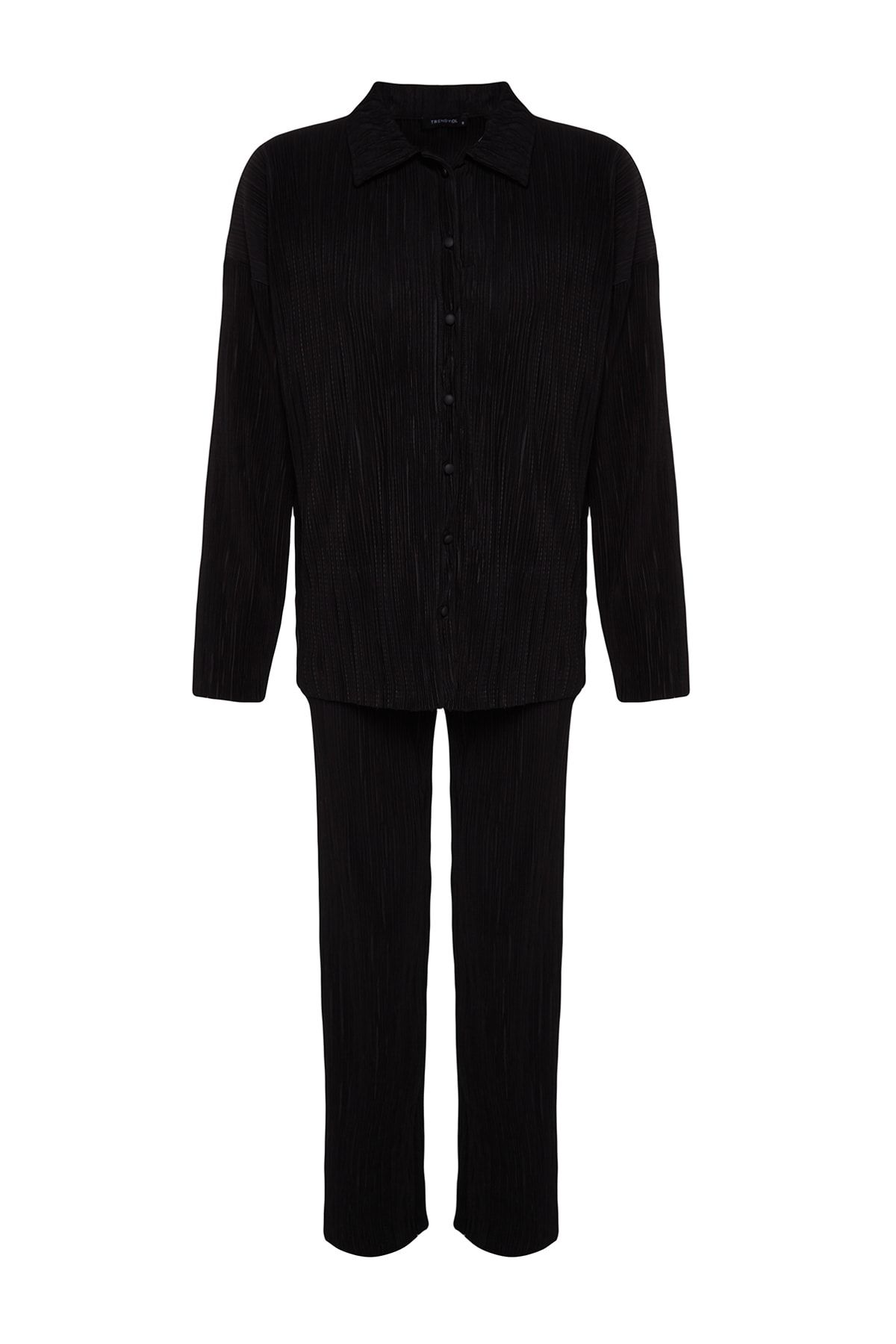 Trendyol Collection-Black Pleated Regular Buttoned Knitted Top and Bottom Set TWOAW24AU00073 6